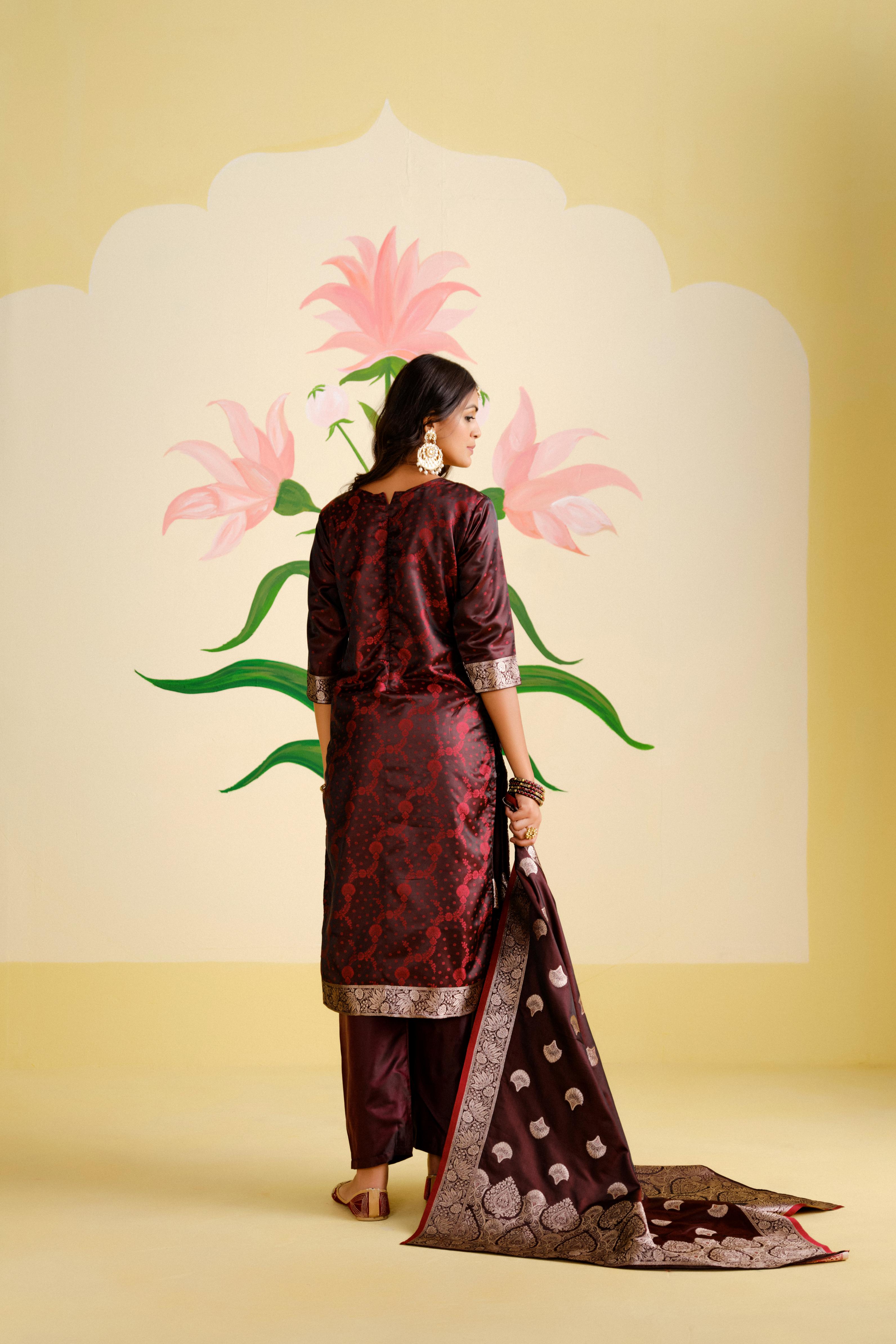 Maroon Satin Silk Woven Readymade Salwar Suit Set