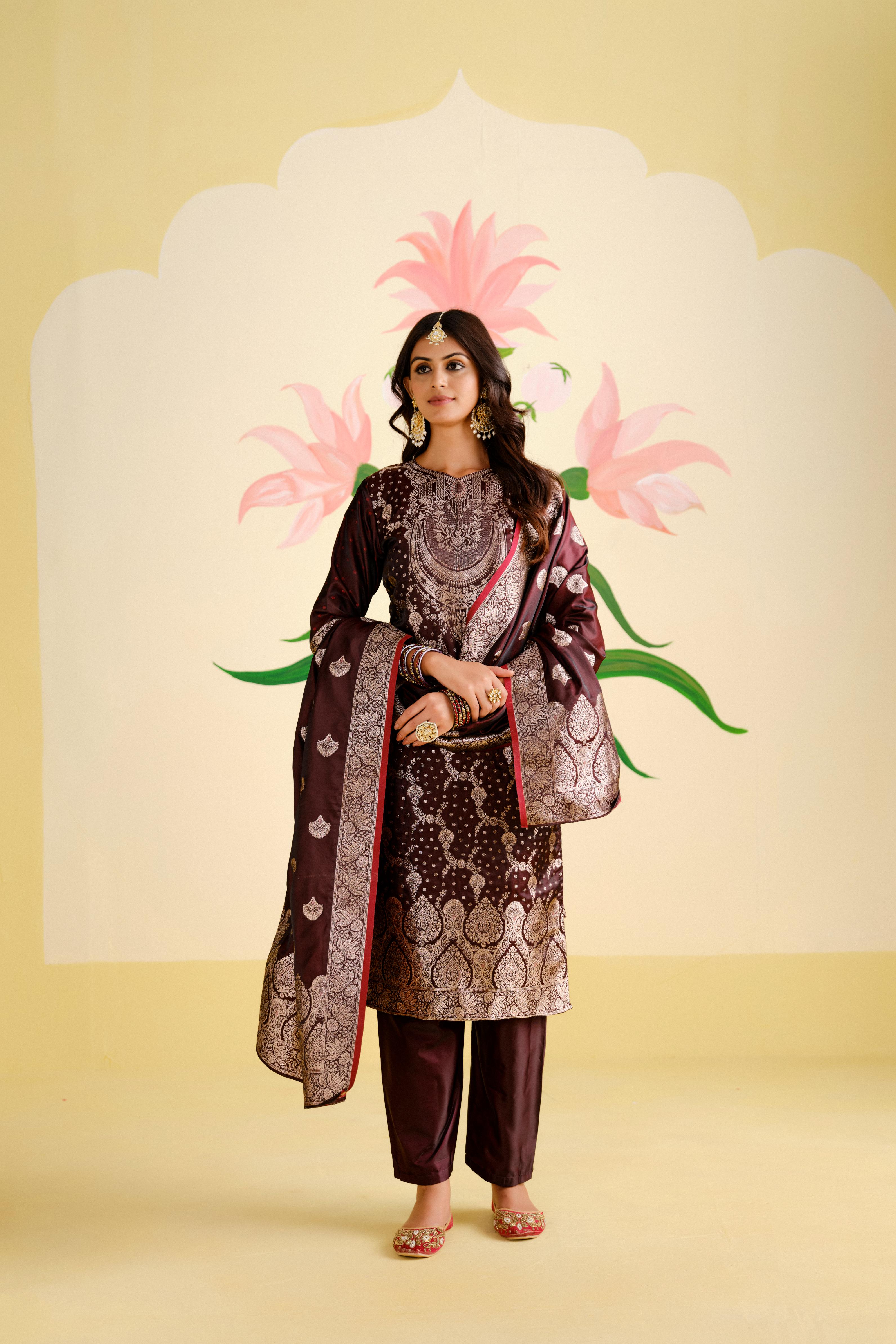 Maroon Satin Silk Woven Readymade Salwar Suit Set