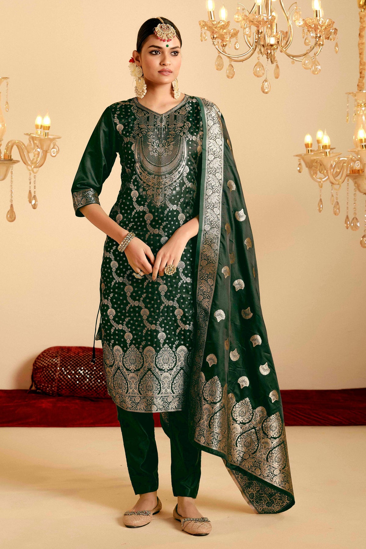 Bottle Green Satin Silk Woven Readymade Salwar Suit Set