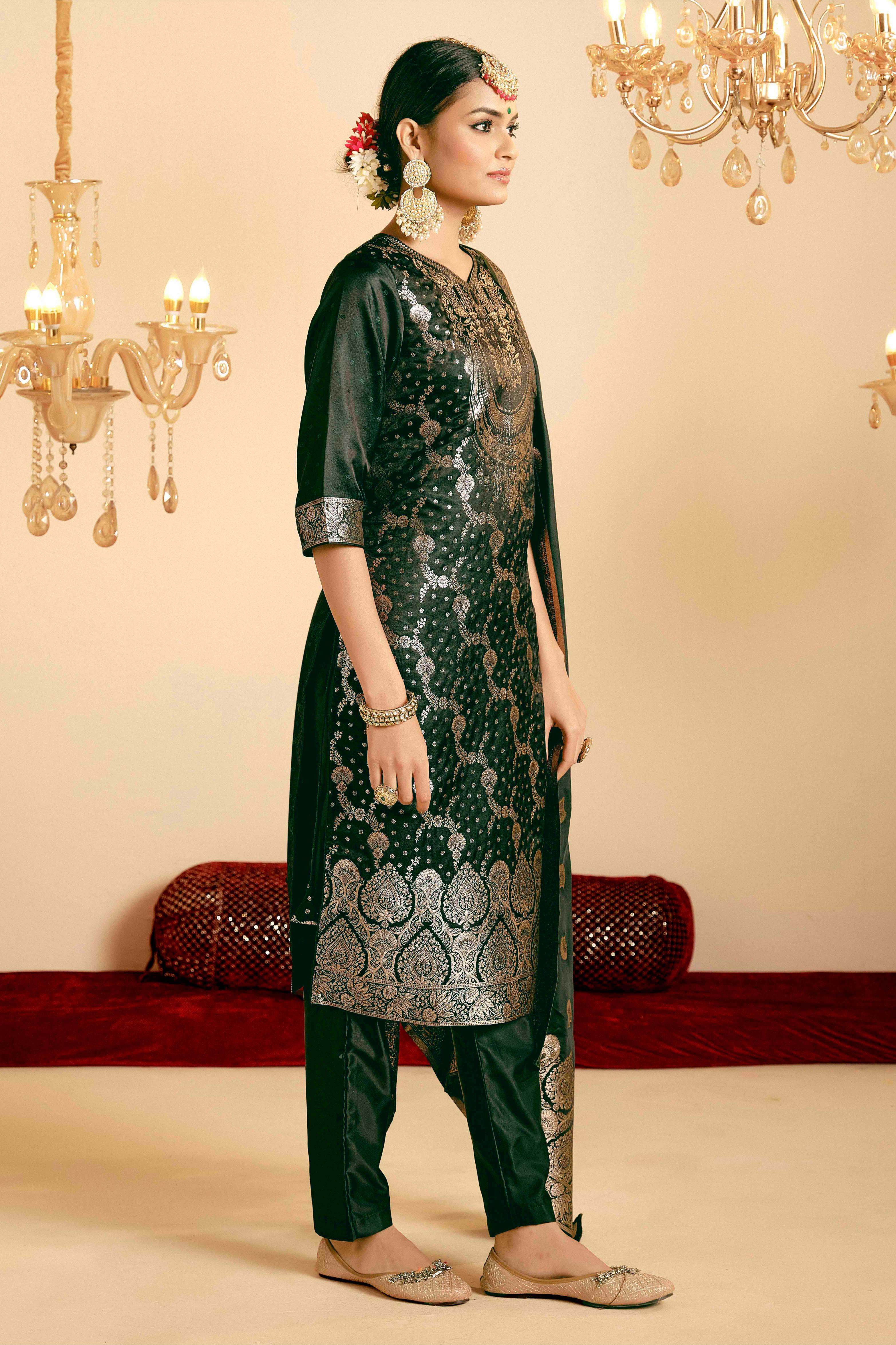 Bottle Green Satin Silk Woven Readymade Salwar Suit Set