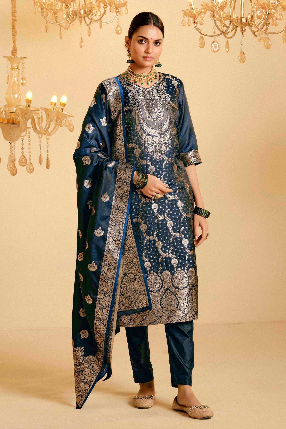 Peacock Blue Satin Silk Woven Readymade Salwar Suit Set