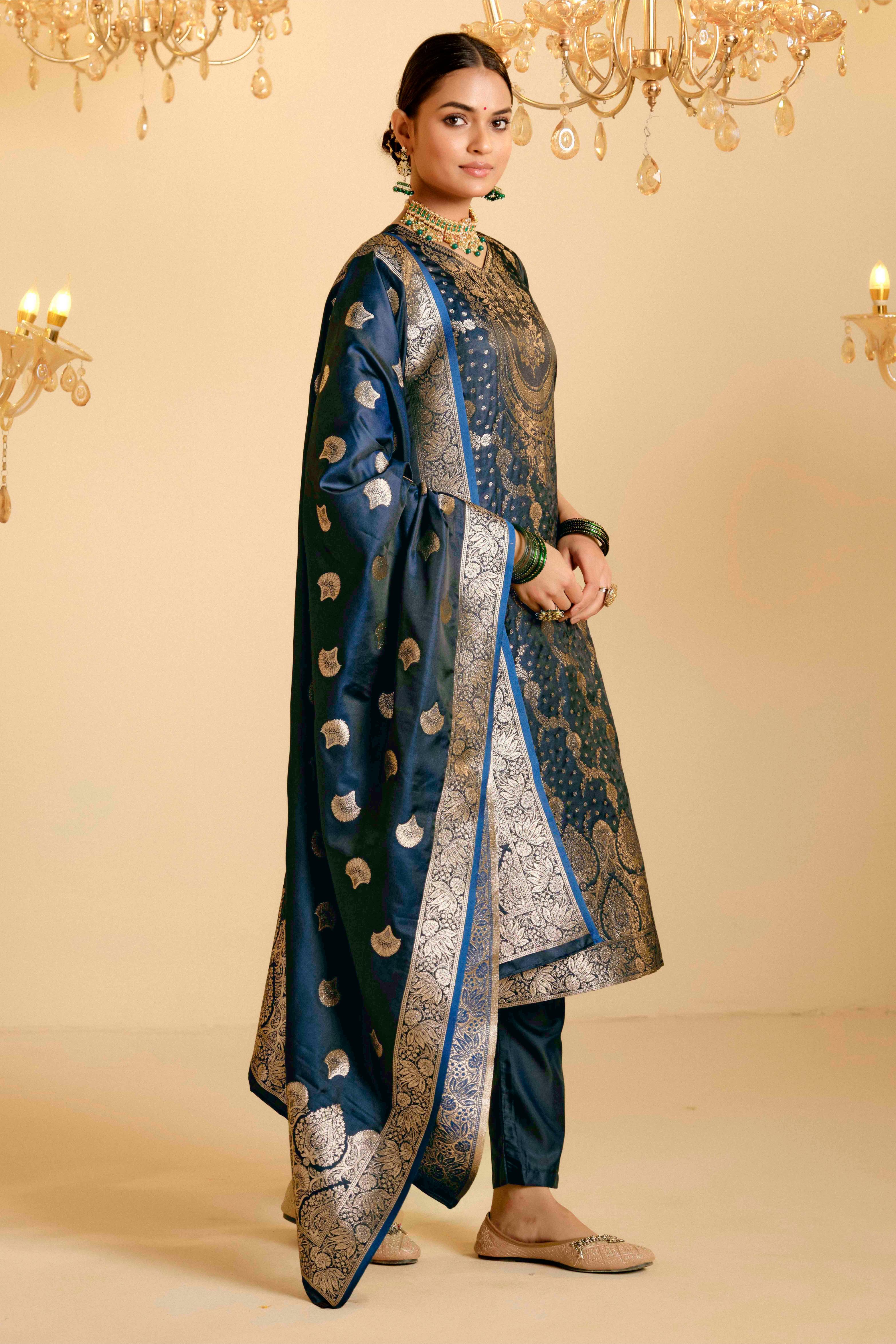 Peacock Blue Satin Silk Woven Readymade Salwar Suit Set