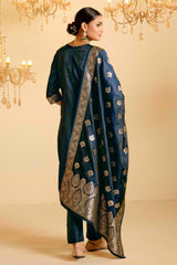 Peacock Blue Satin Silk Woven Readymade Salwar Suit Set