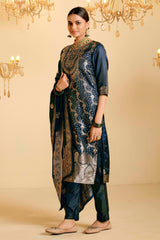 Peacock Blue Satin Silk Woven Readymade Salwar Suit Set