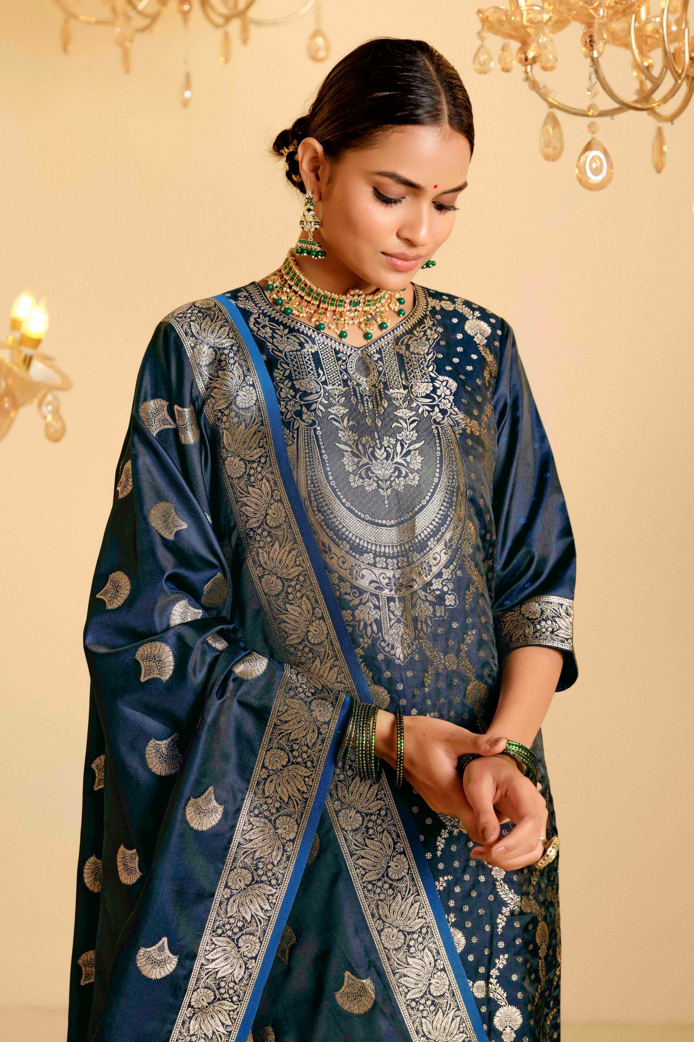 Peacock Blue Satin Silk Woven Readymade Salwar Suit Set