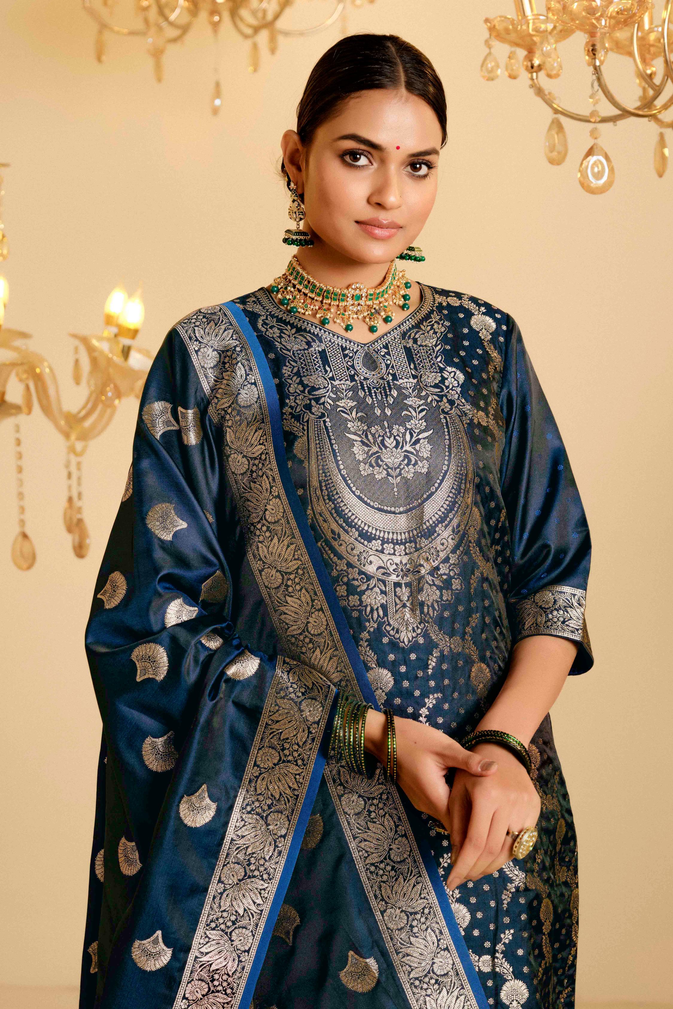 Peacock Blue Satin Silk Woven Readymade Salwar Suit Set