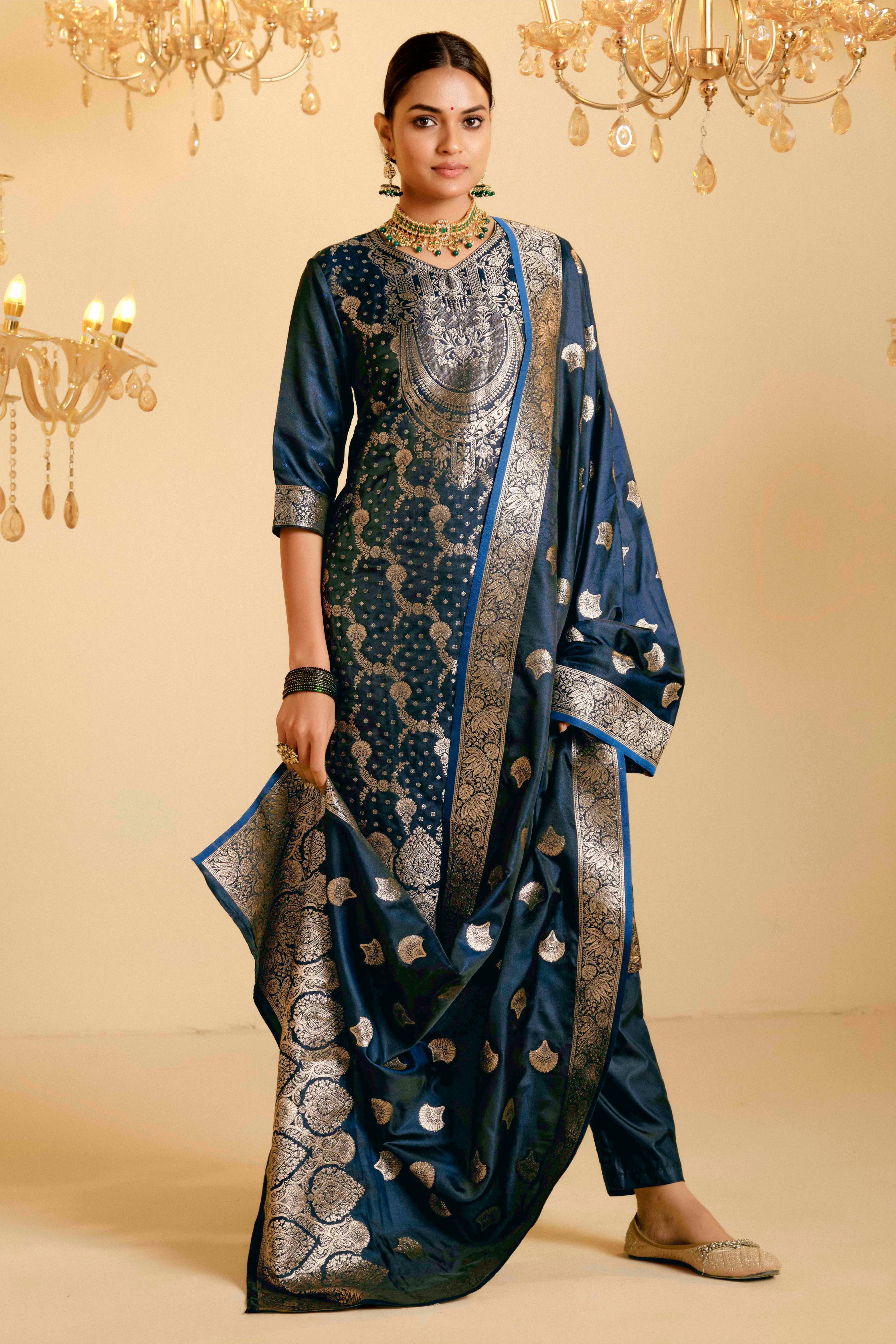 Peacock Blue Satin Silk Woven Readymade Salwar Suit Set