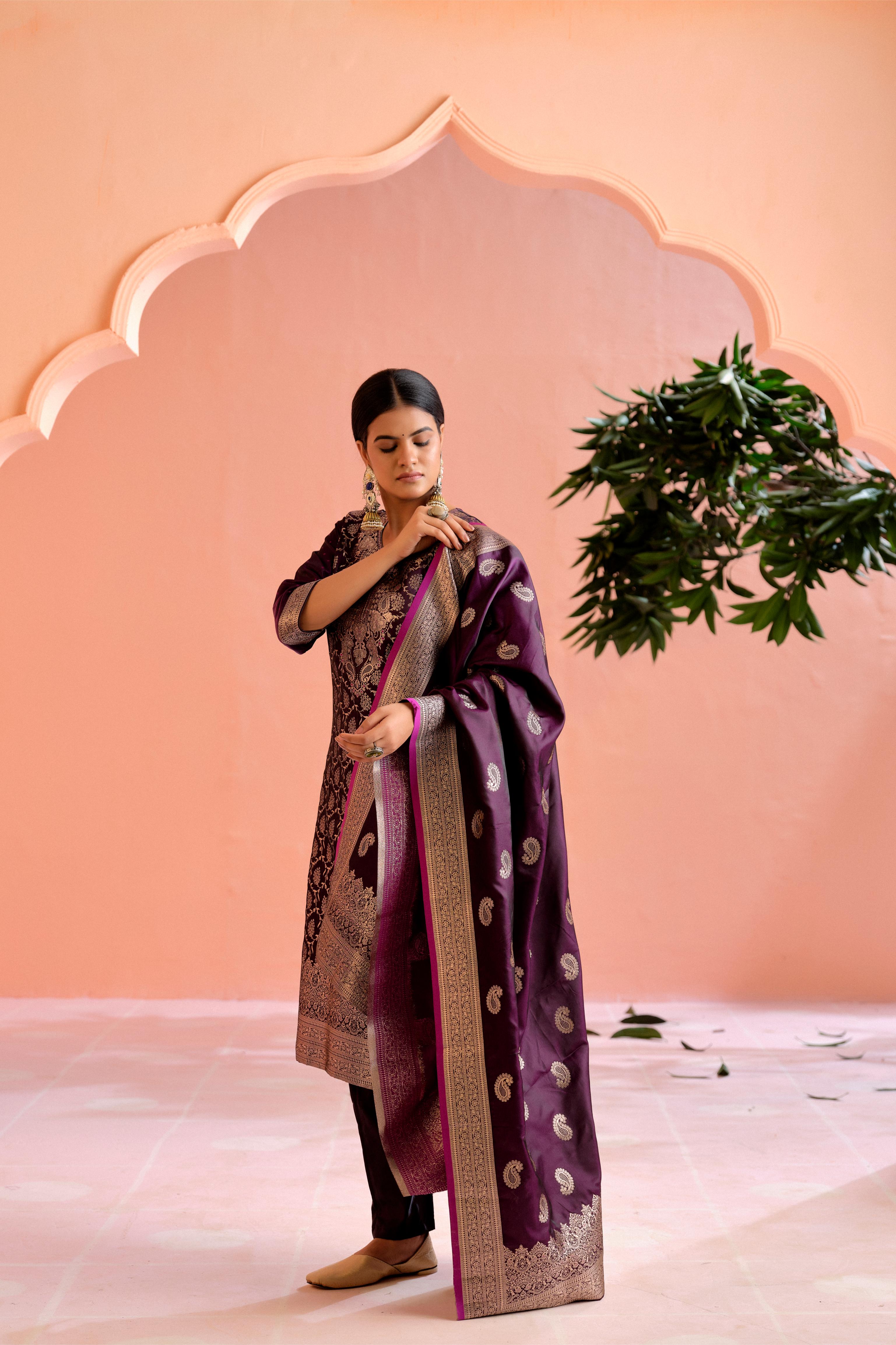 Purple Satin Silk Woven Readymade Salwar Suit Set