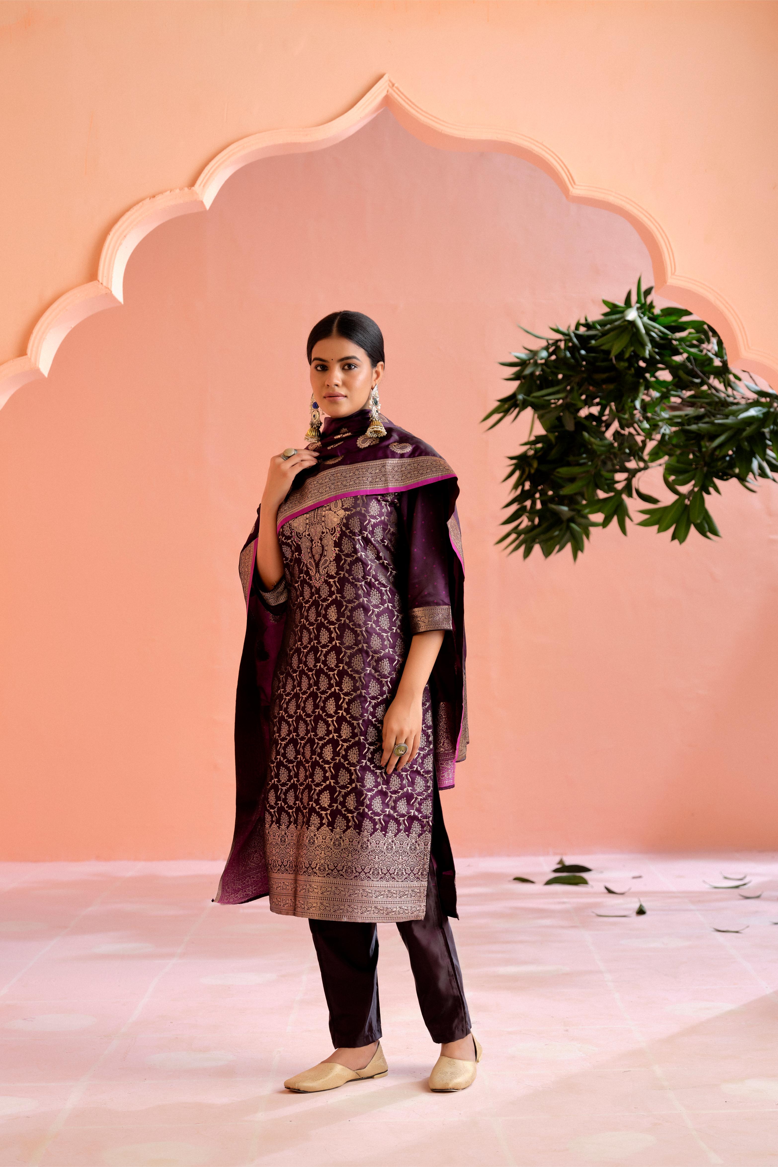 Purple Satin Silk Woven Readymade Salwar Suit Set