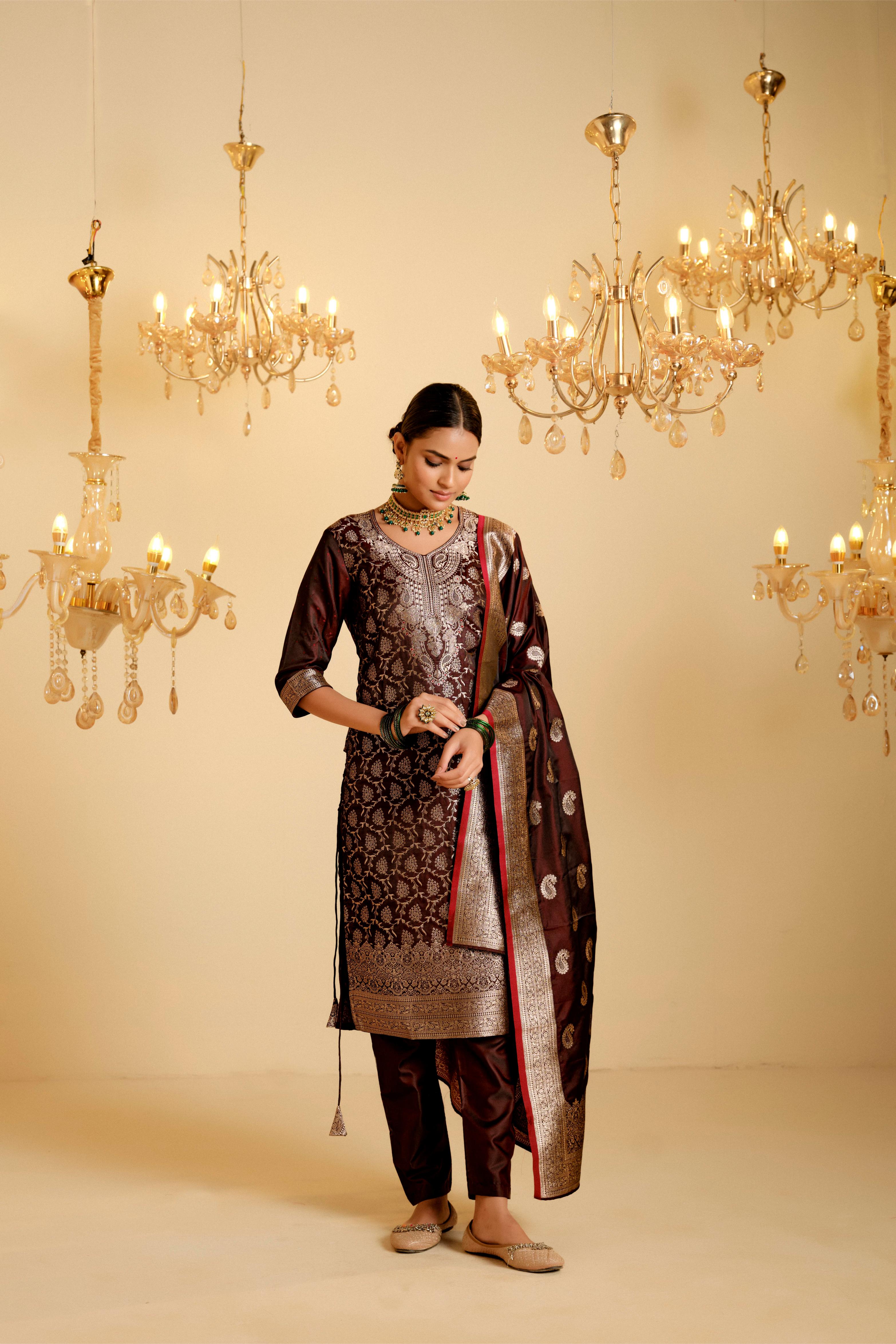 Maroon Satin Silk Woven Readymade Salwar Suit Set