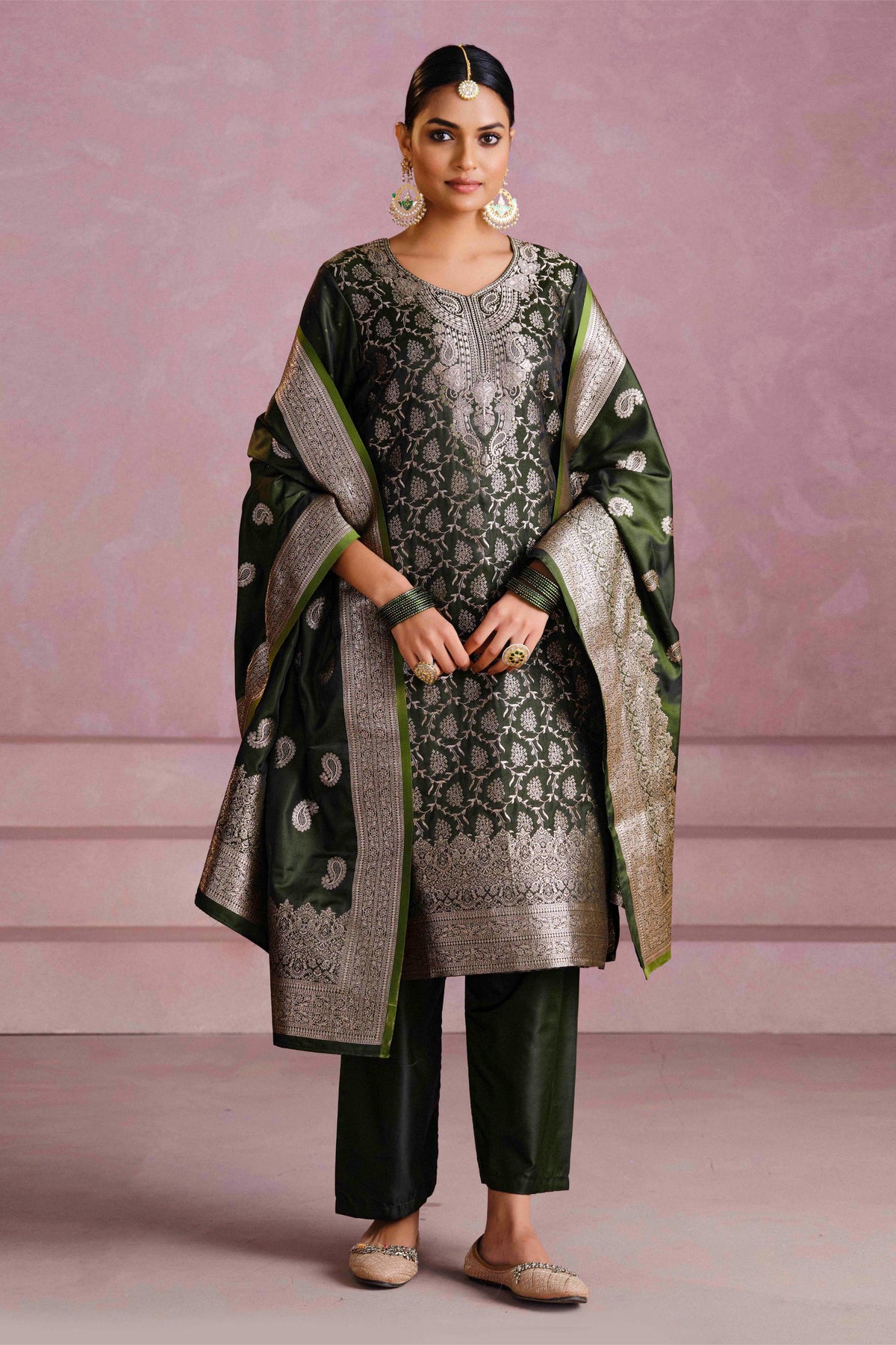 Bottle Green Satin Silk Woven Readymade Salwar Suit Set