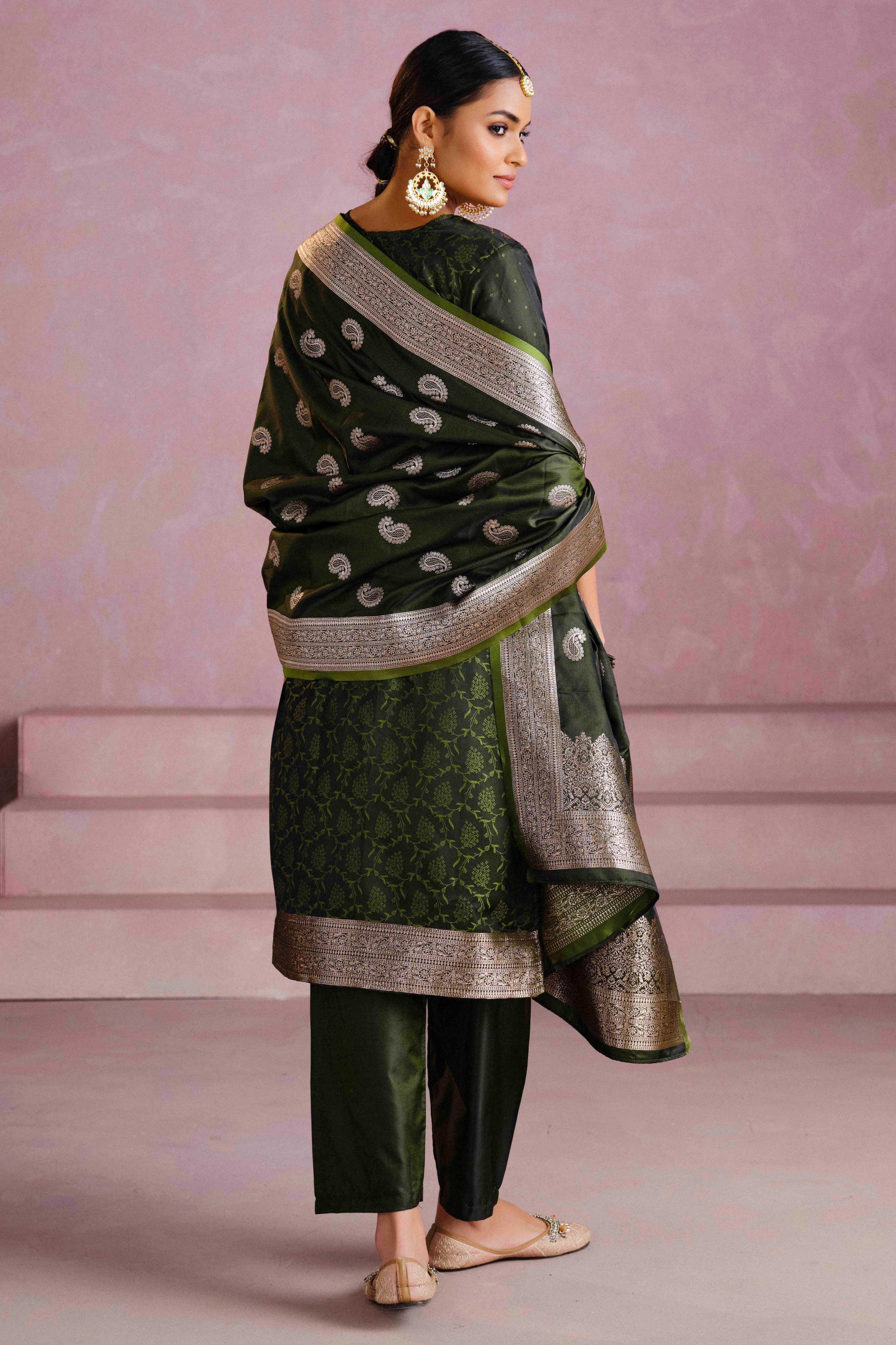 Bottle Green Satin Silk Woven Readymade Salwar Suit Set