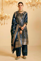 Peacock Blue Satin Silk Woven Readymade Salwar Suit Set