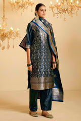 Peacock Blue Satin Silk Woven Readymade Salwar Suit Set