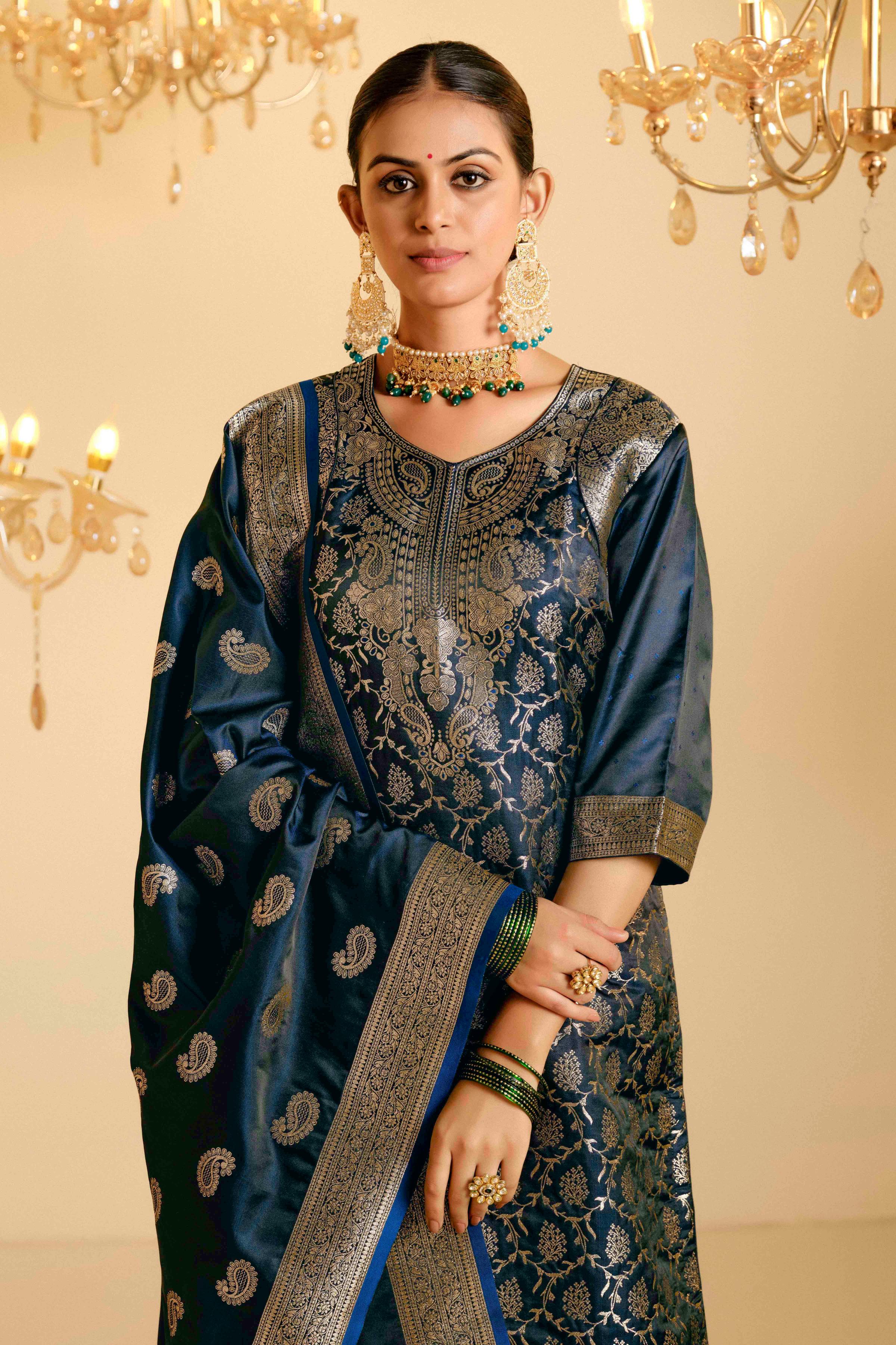 Peacock Blue Satin Silk Woven Readymade Salwar Suit Set