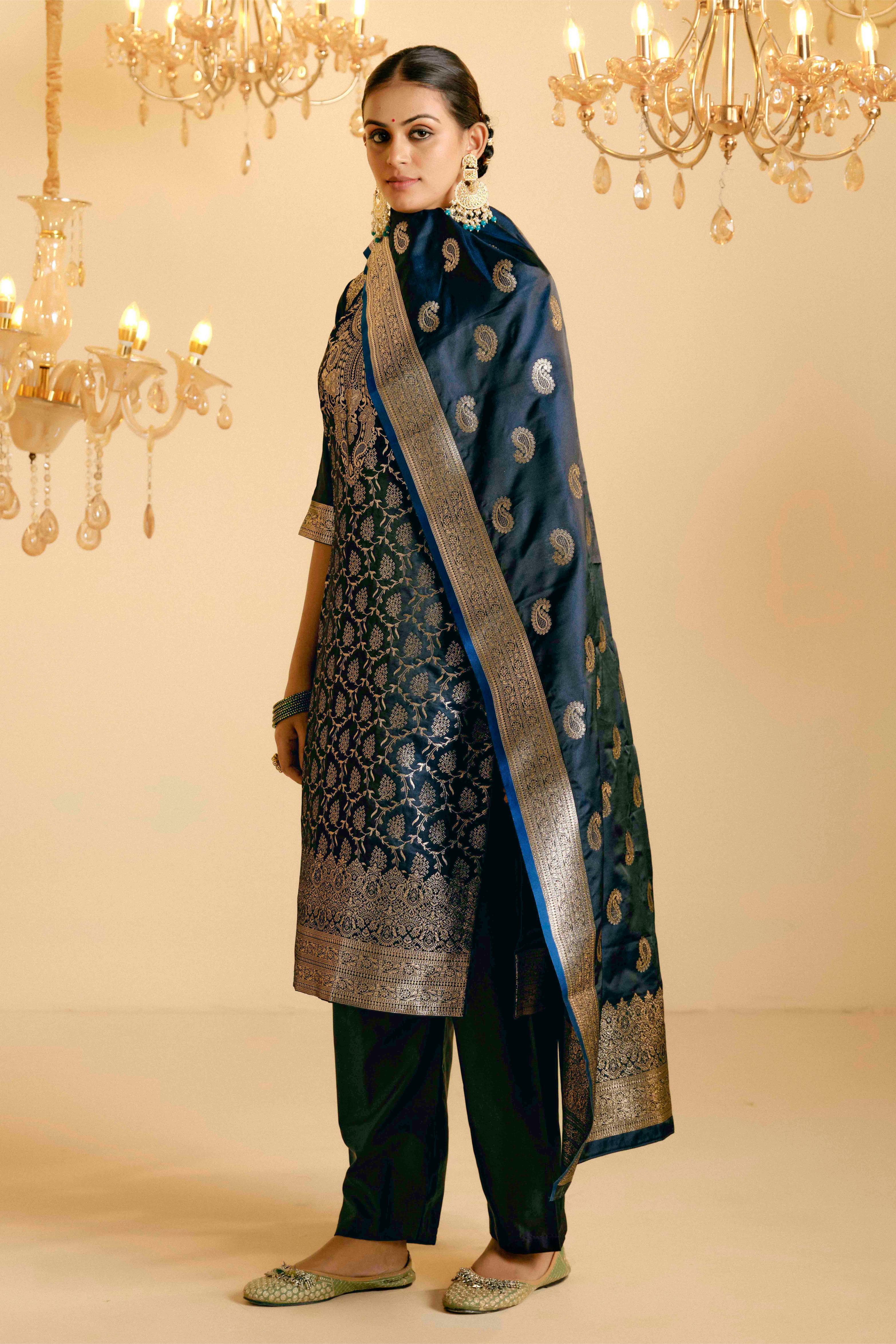 Peacock Blue Satin Silk Woven Readymade Salwar Suit Set