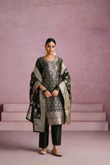 Green Satin Silk Woven Readymade Salwar Suit Set