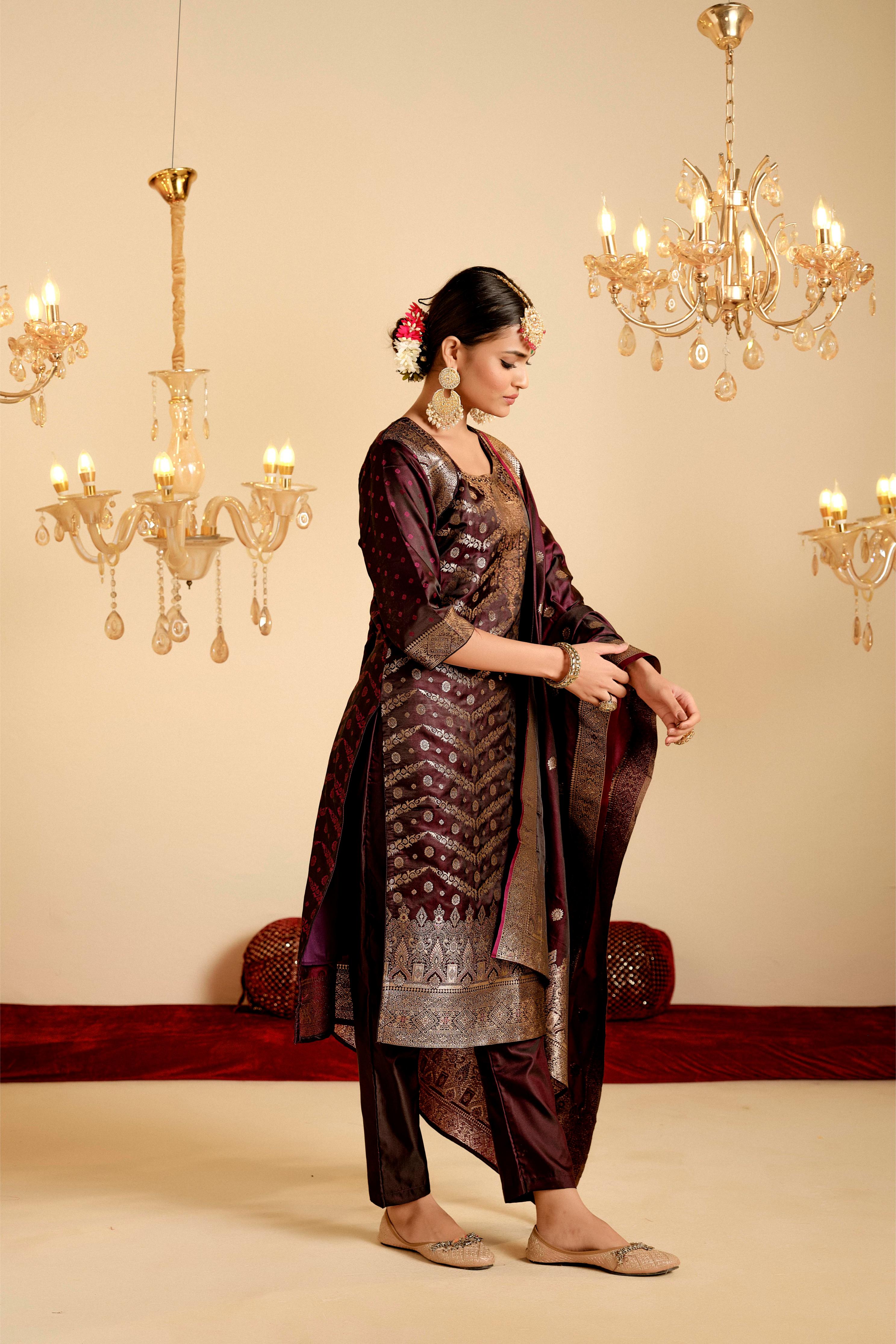 Maroon Satin Silk Woven Readymade Salwar Suit Set