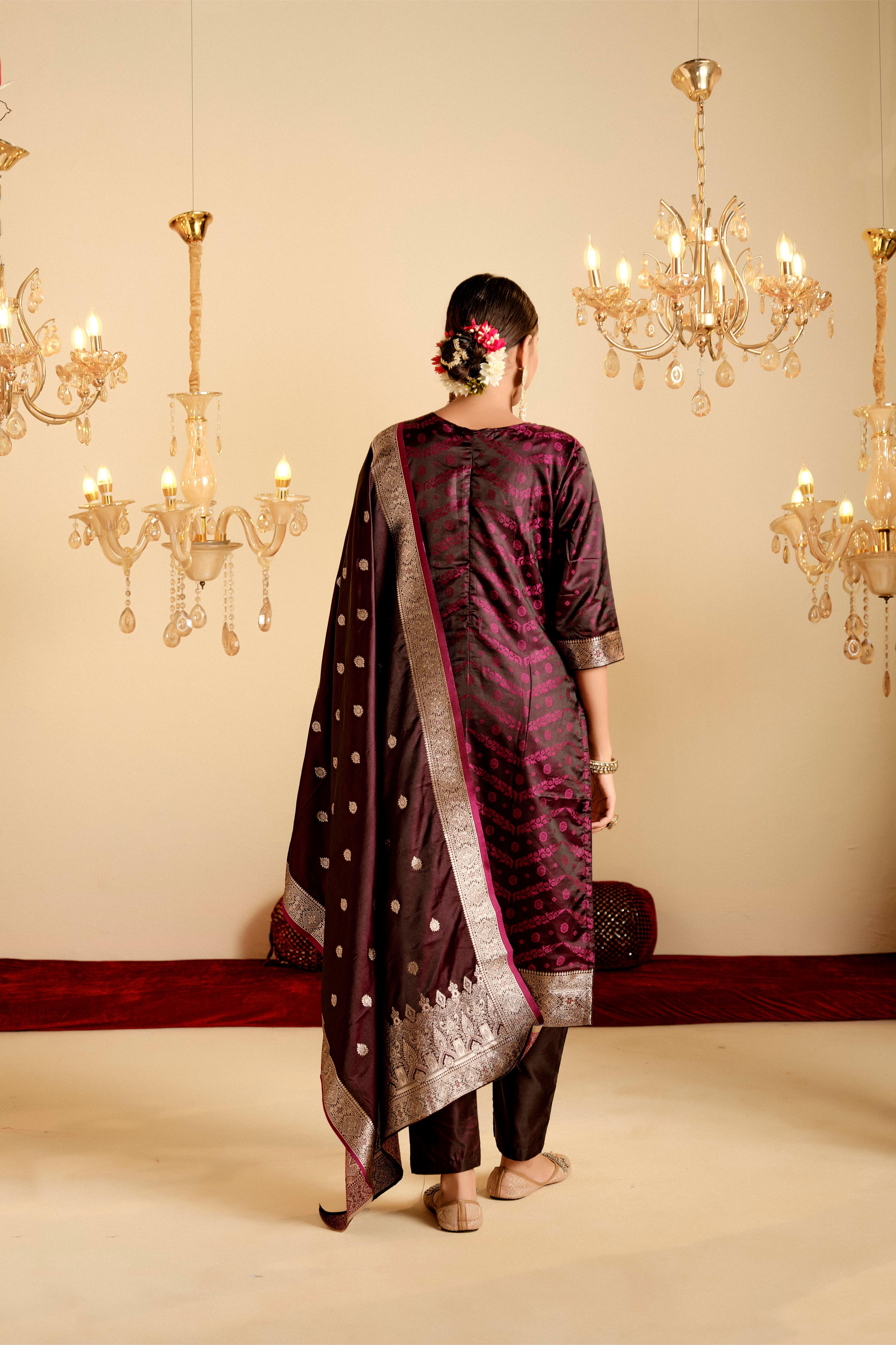 Maroon Satin Silk Woven Readymade Salwar Suit Set