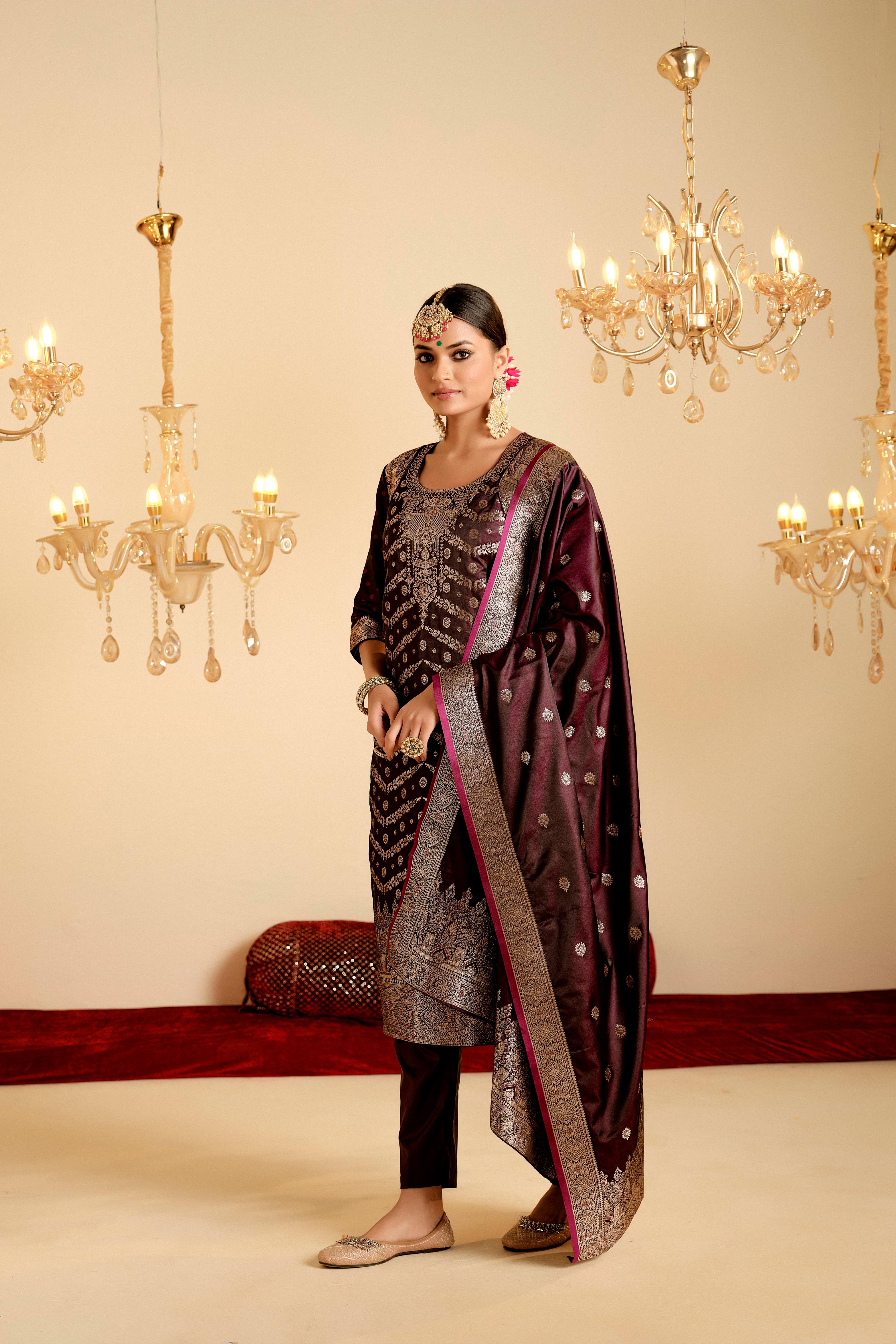 Maroon Satin Silk Woven Readymade Salwar Suit Set