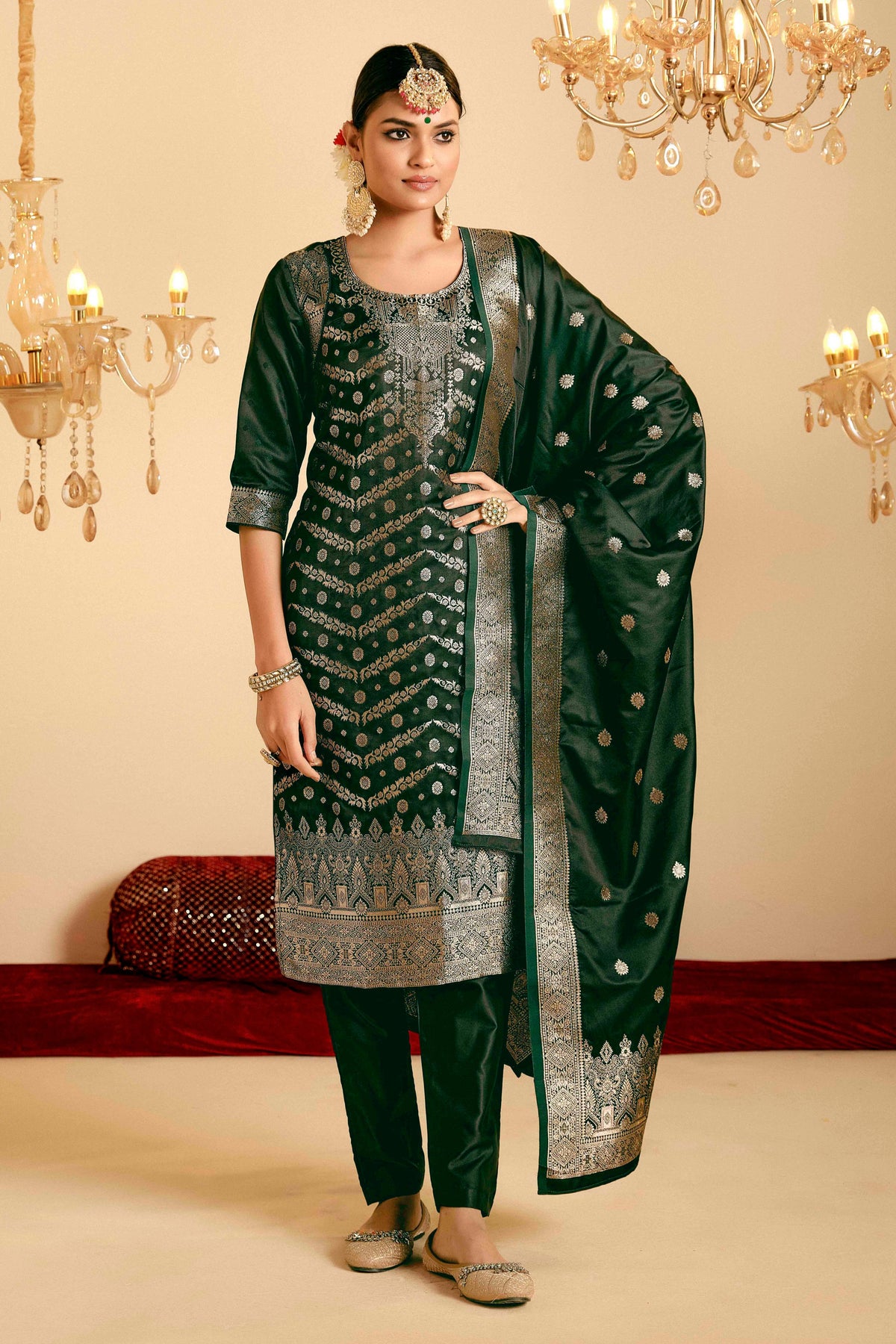 Bottle Green Satin Silk Woven Readymade Salwar Suit Set