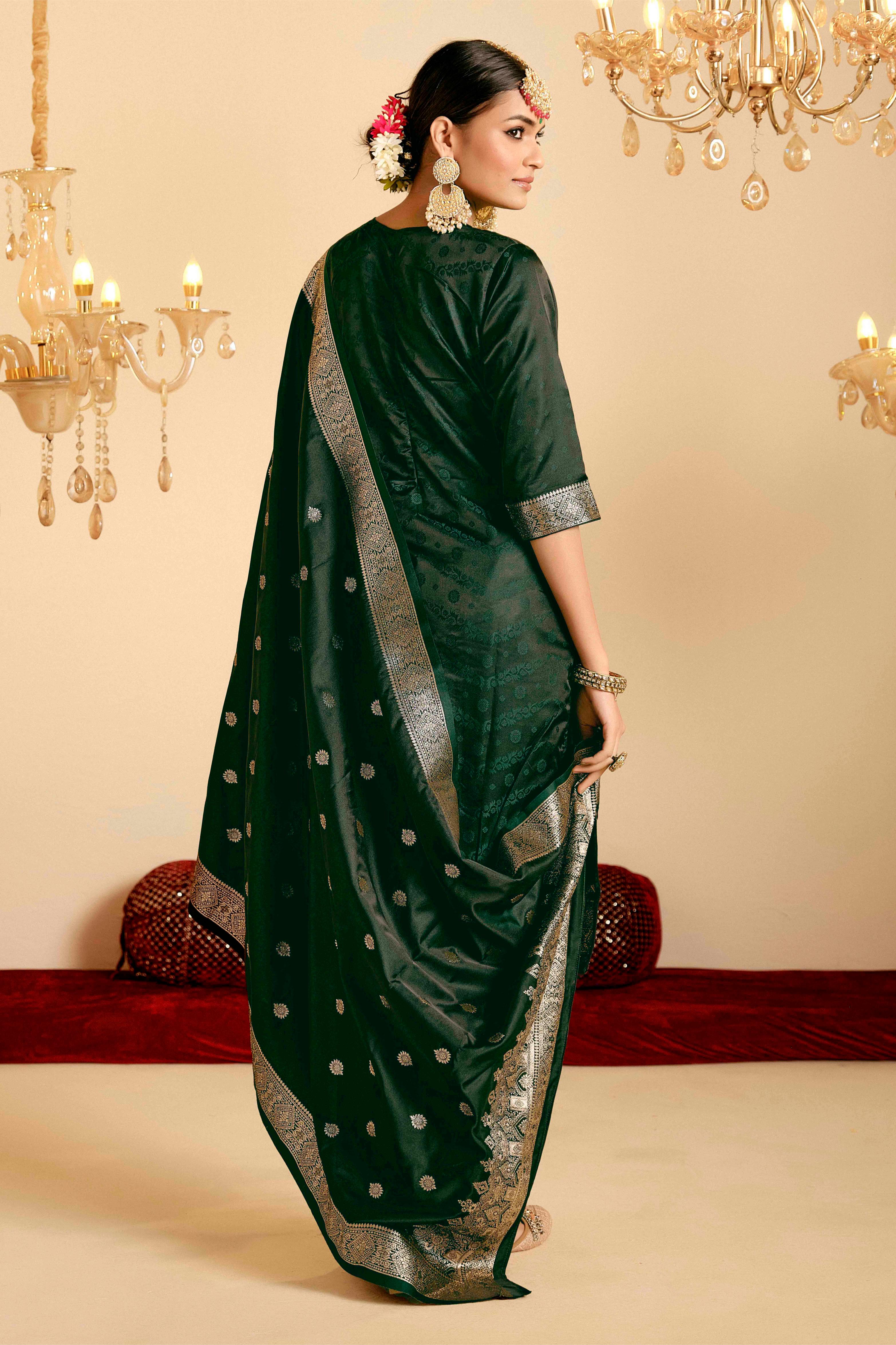 Bottle Green Satin Silk Woven Readymade Salwar Suit Set