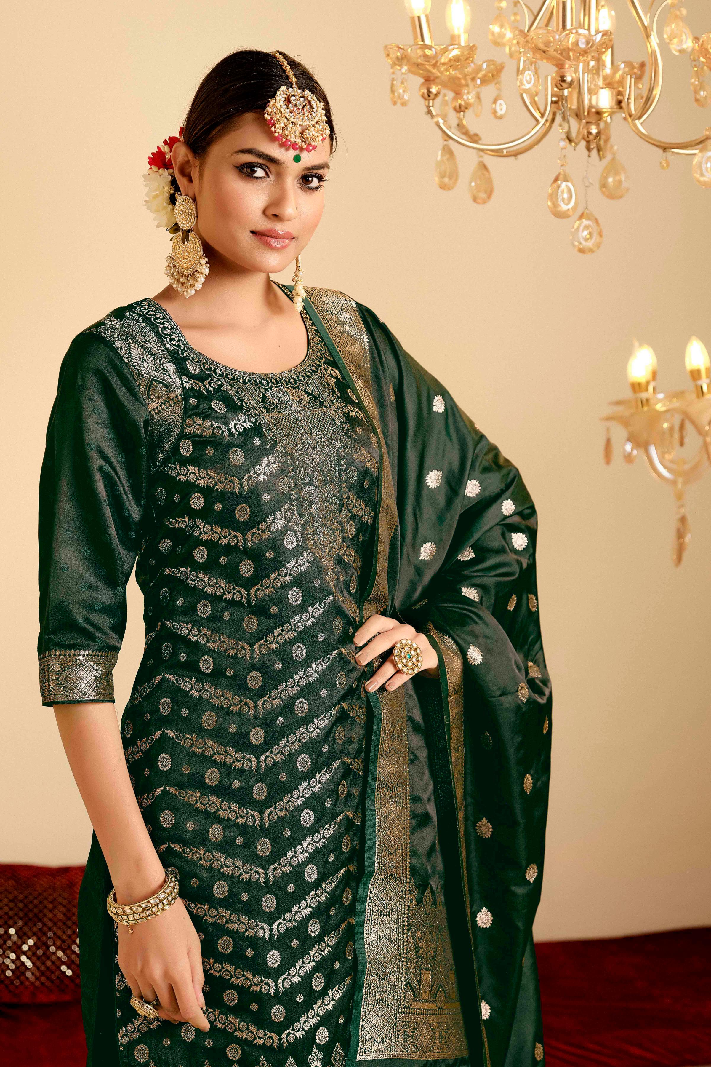 Bottle Green Satin Silk Woven Readymade Salwar Suit Set