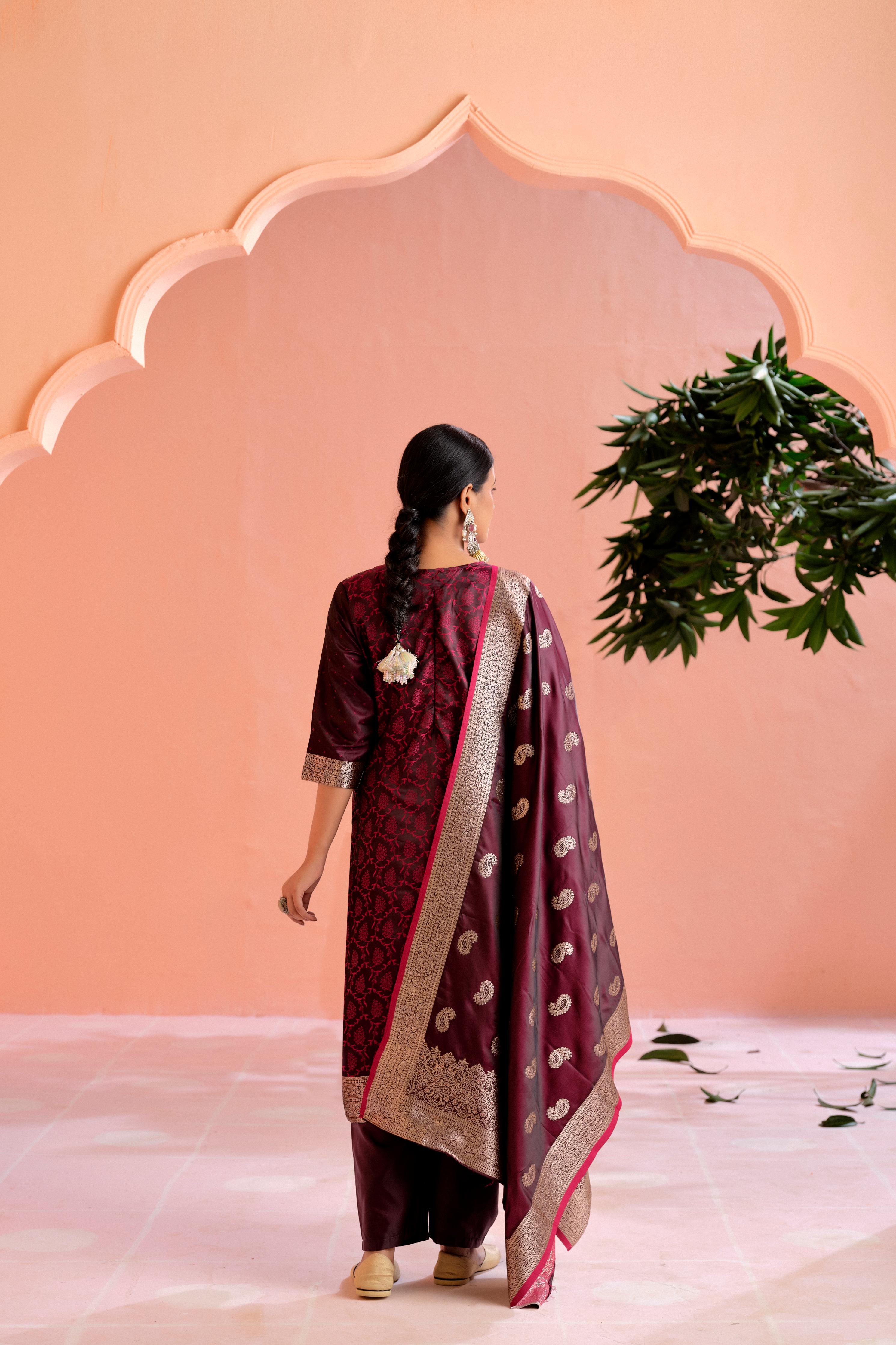 Wine Satin Silk Woven Readymade Salwar Suit Set