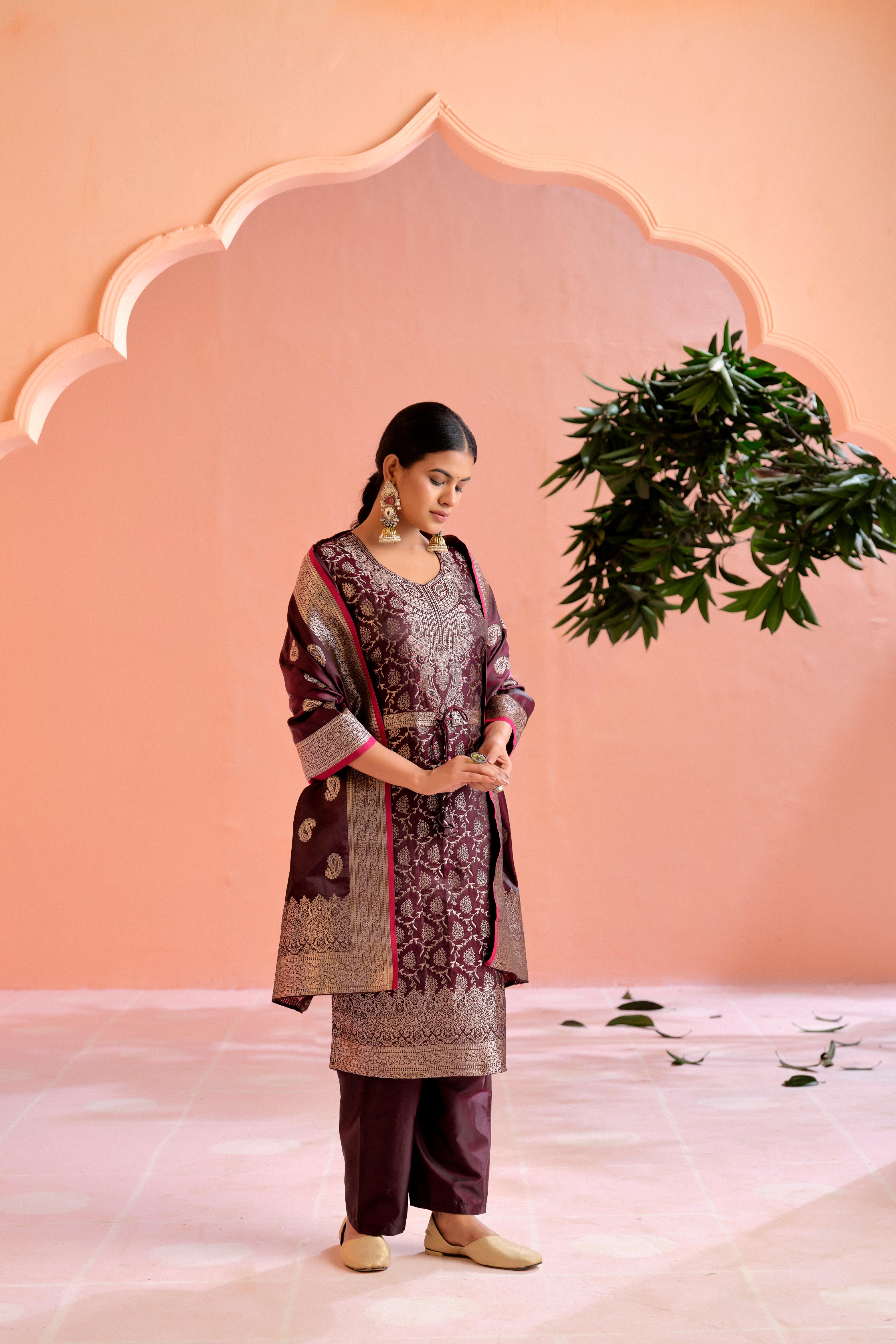 Wine Satin Silk Woven Readymade Salwar Suit Set