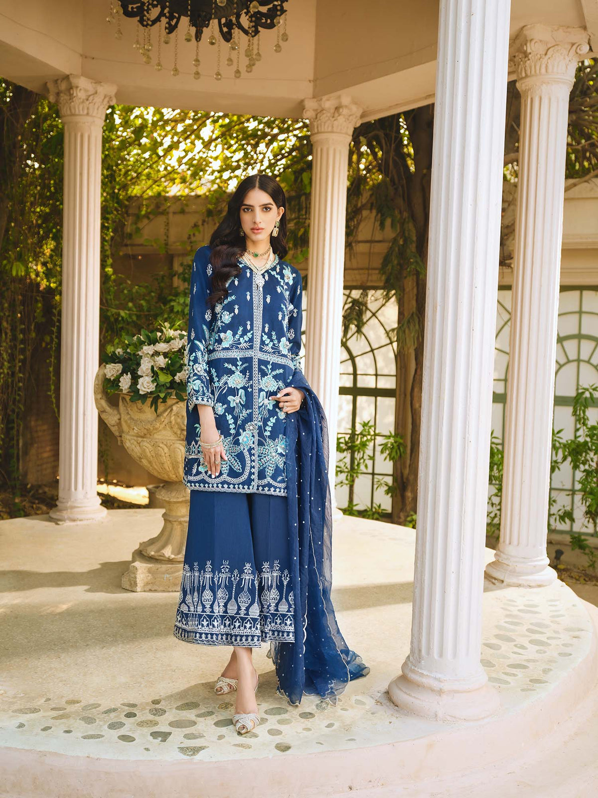 Blue Raw Silk Embroidered Top With Pant Dupatta