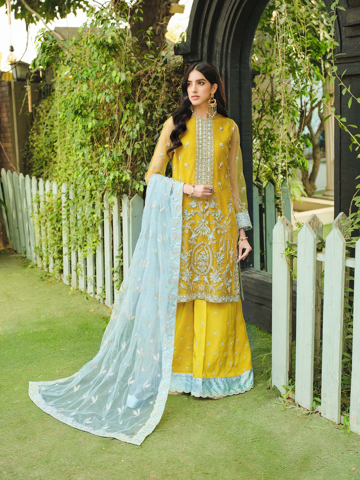 Mustard Net Embelished Indian Traditional Salwar Suit with Sharara Dupatta