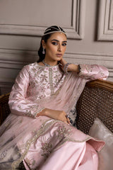 Costume Salwar indien traditionnel rose bébé orné de soie avec pantalon et dupatta en filet