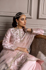 Costume Salwar indien traditionnel rose bébé orné de soie avec pantalon et dupatta en filet