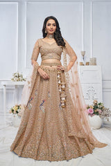 Mustard Soft Net Embroidered Sequins Peacock Motif Lehenga Choli