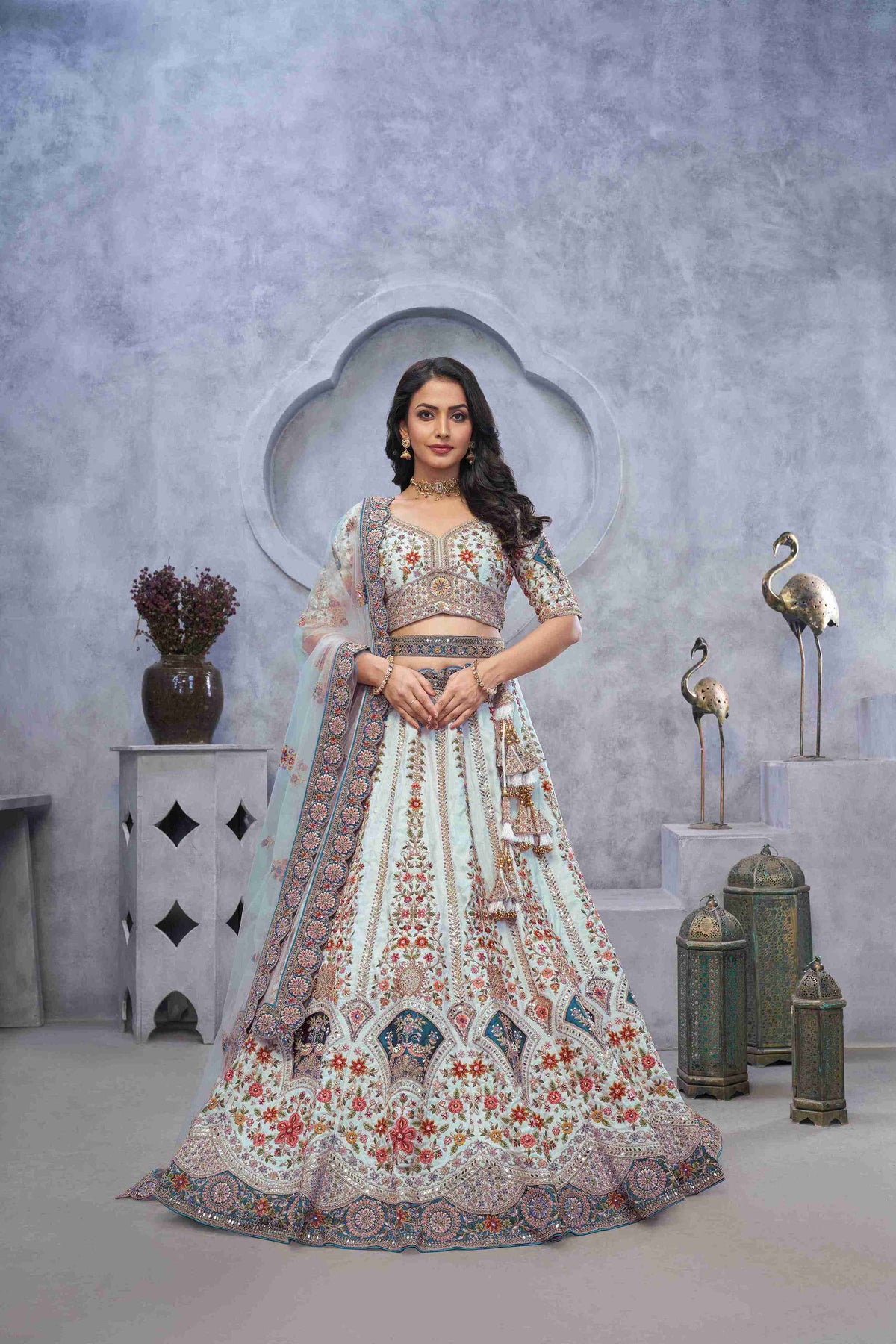 Sky Blue Organza Silk Embroidered Lehenga Choli