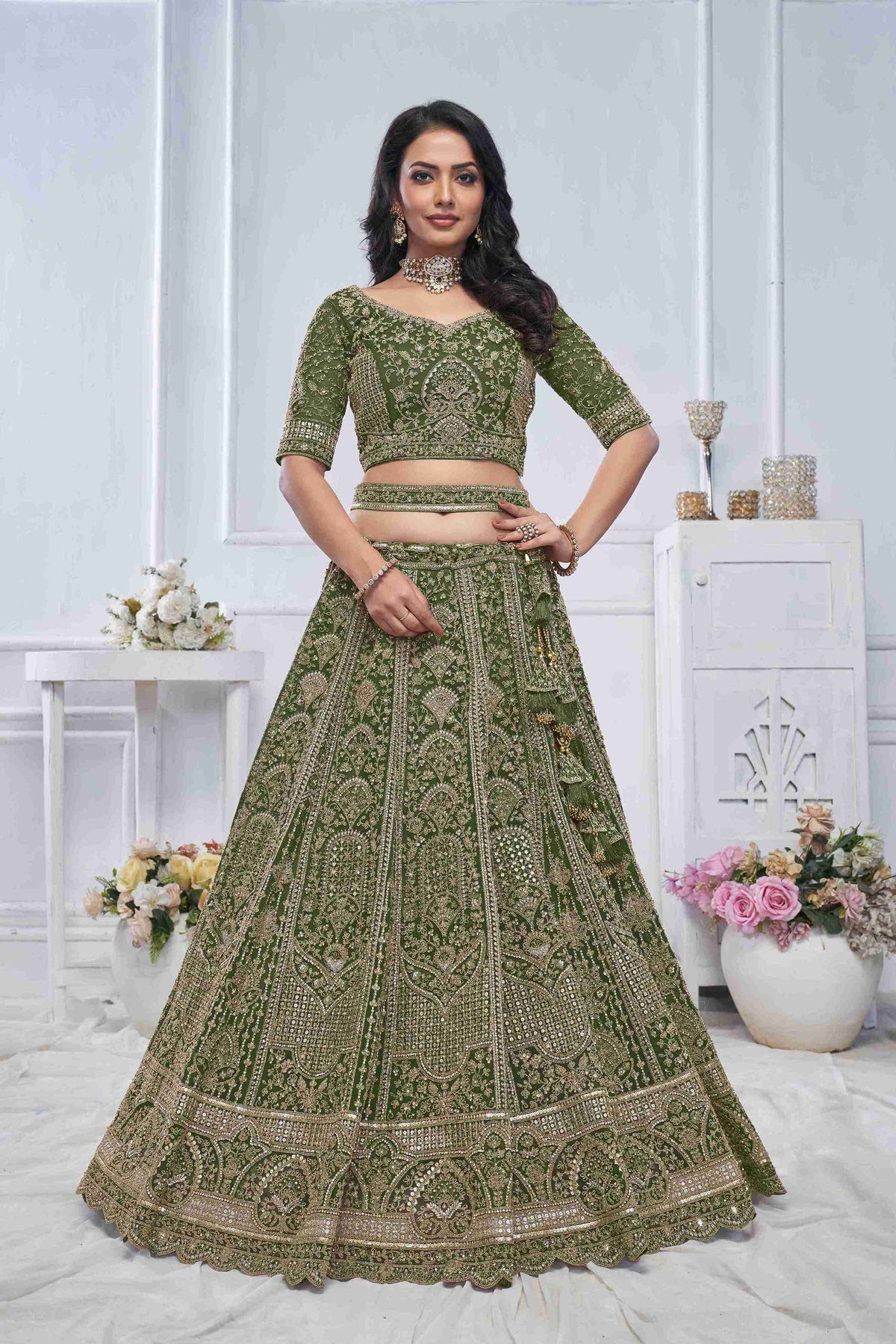 Green Soft Net Embroidered Womens Lehenga Choli