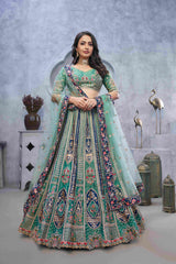 Green Organza Silk  Embroidered Lehenga Choli