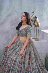 Grey Organza Silk  Embroidered Lehenga Choli