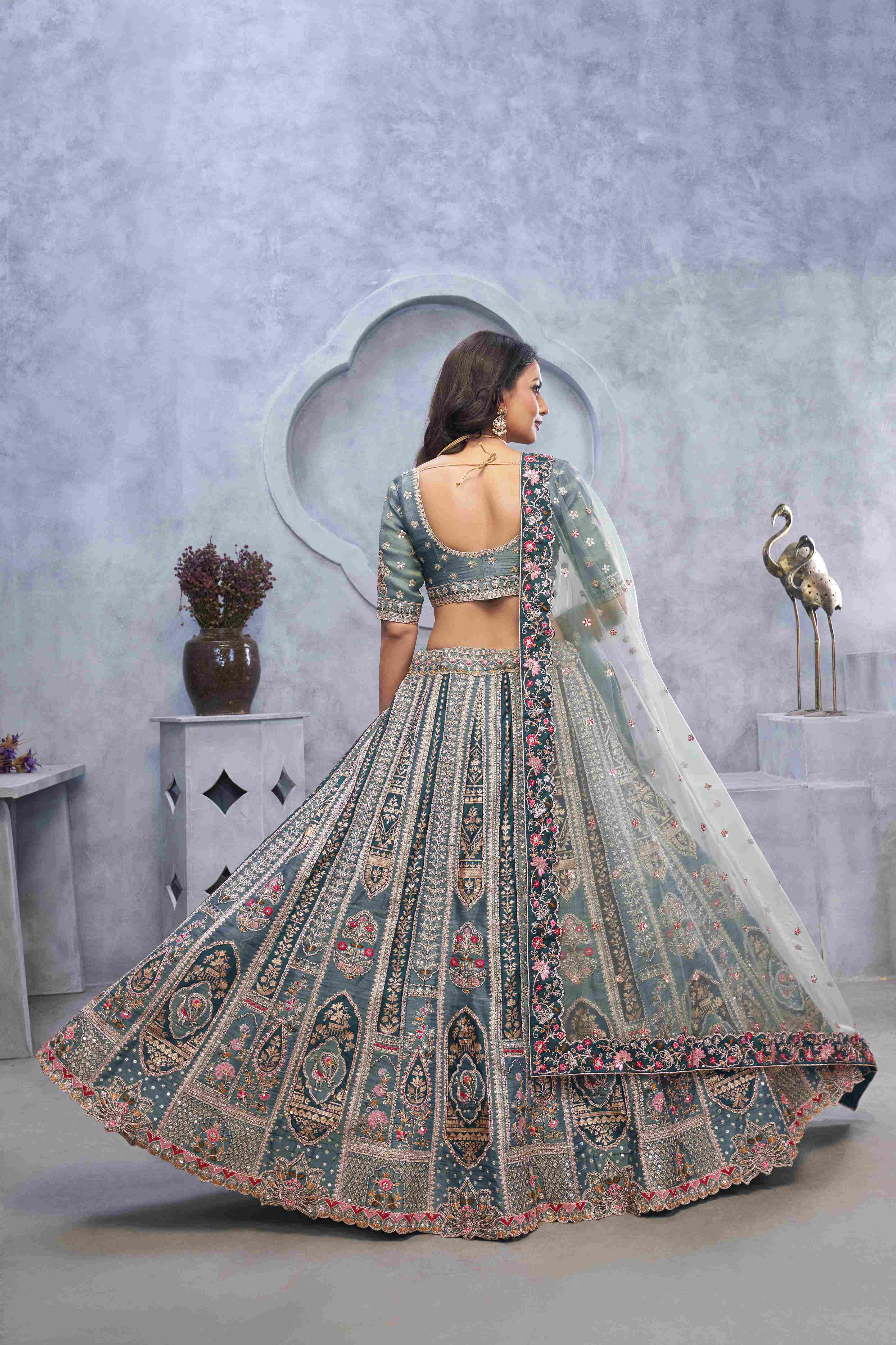 Grey Organza Silk  Embroidered Lehenga Choli