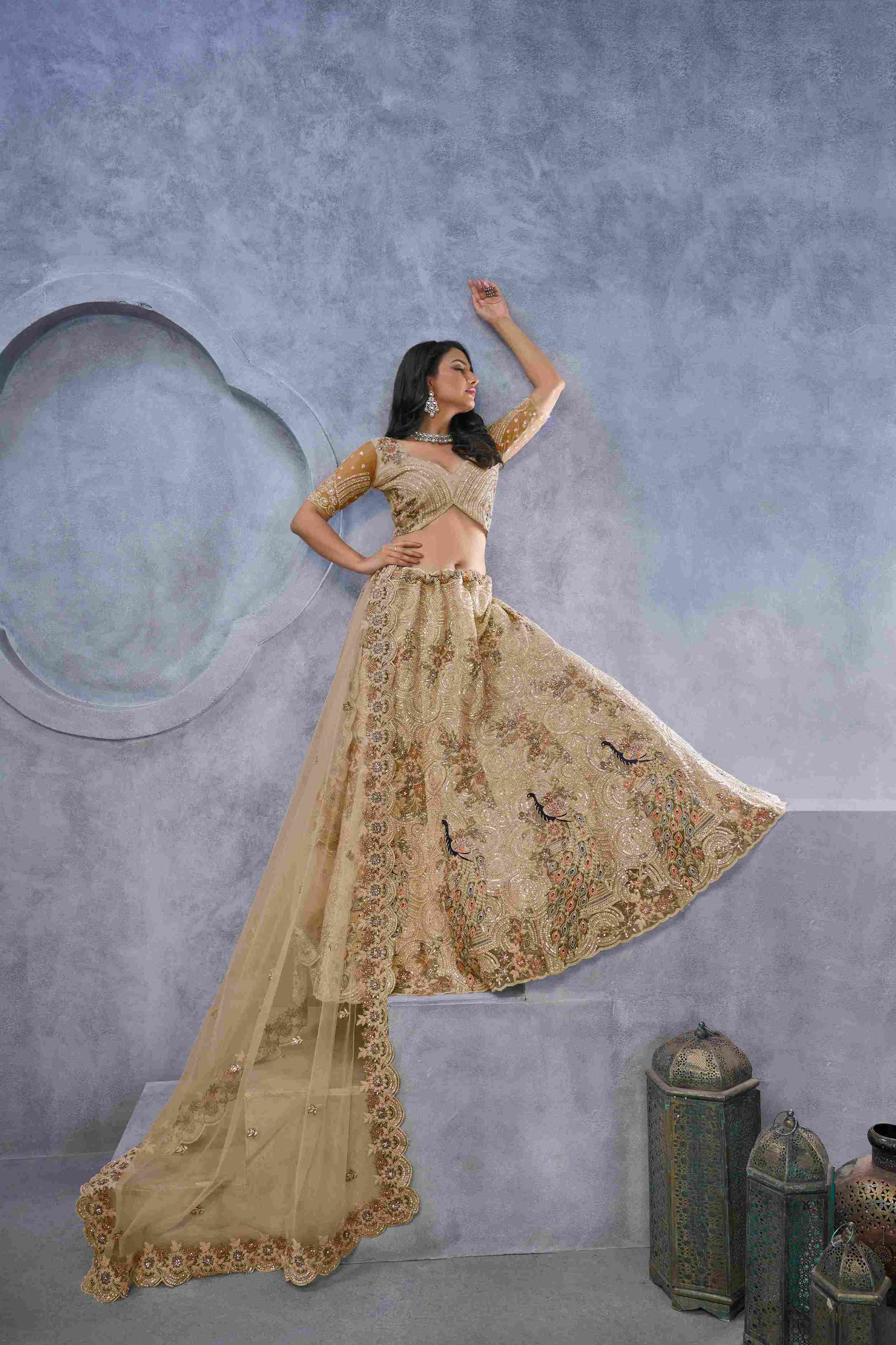 Golden Soft Net Embroidered Peacock Motif Lehenga Choli