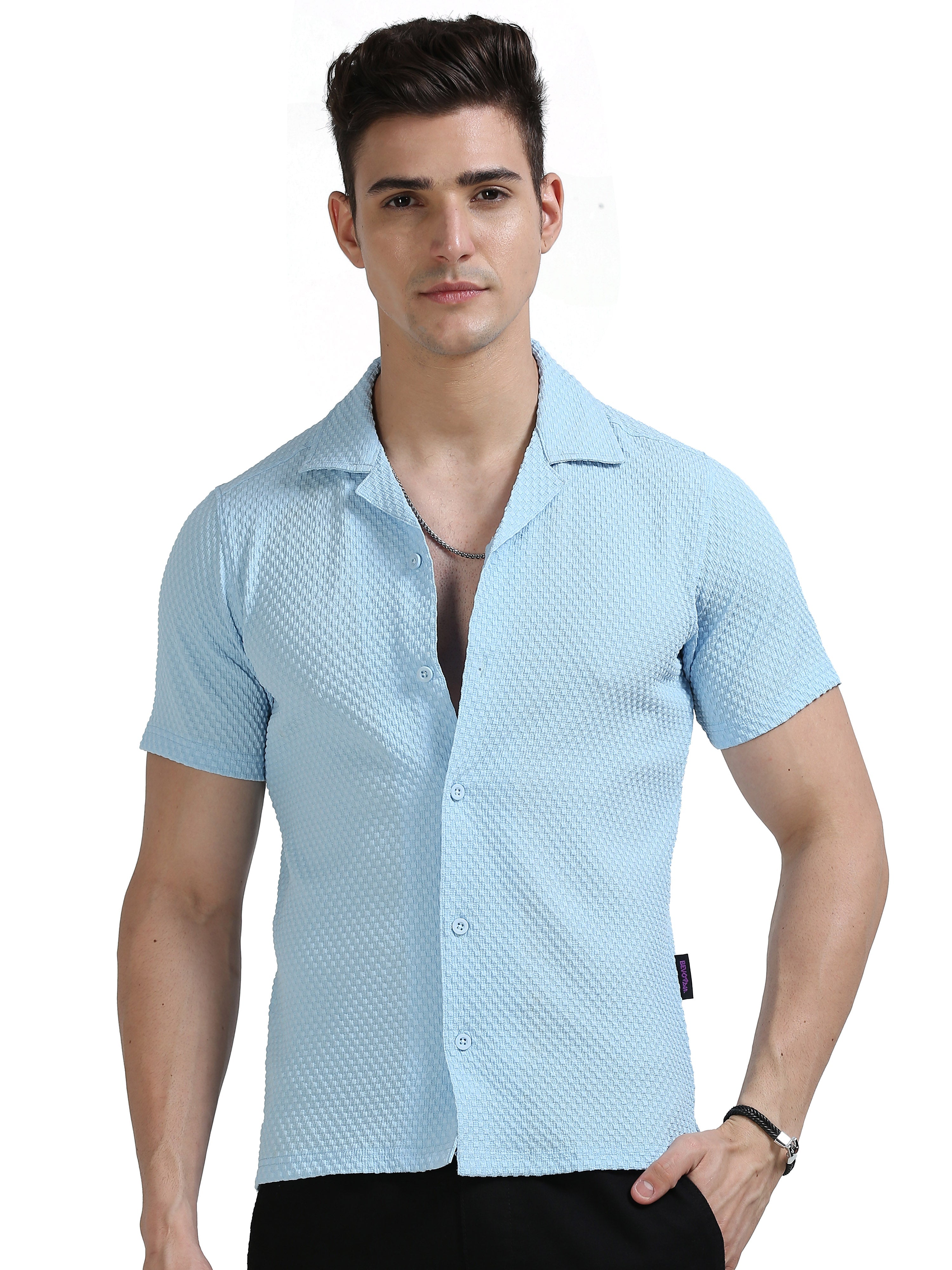 Sky-Blue Popcorn Half Sleeves Regular Shirt