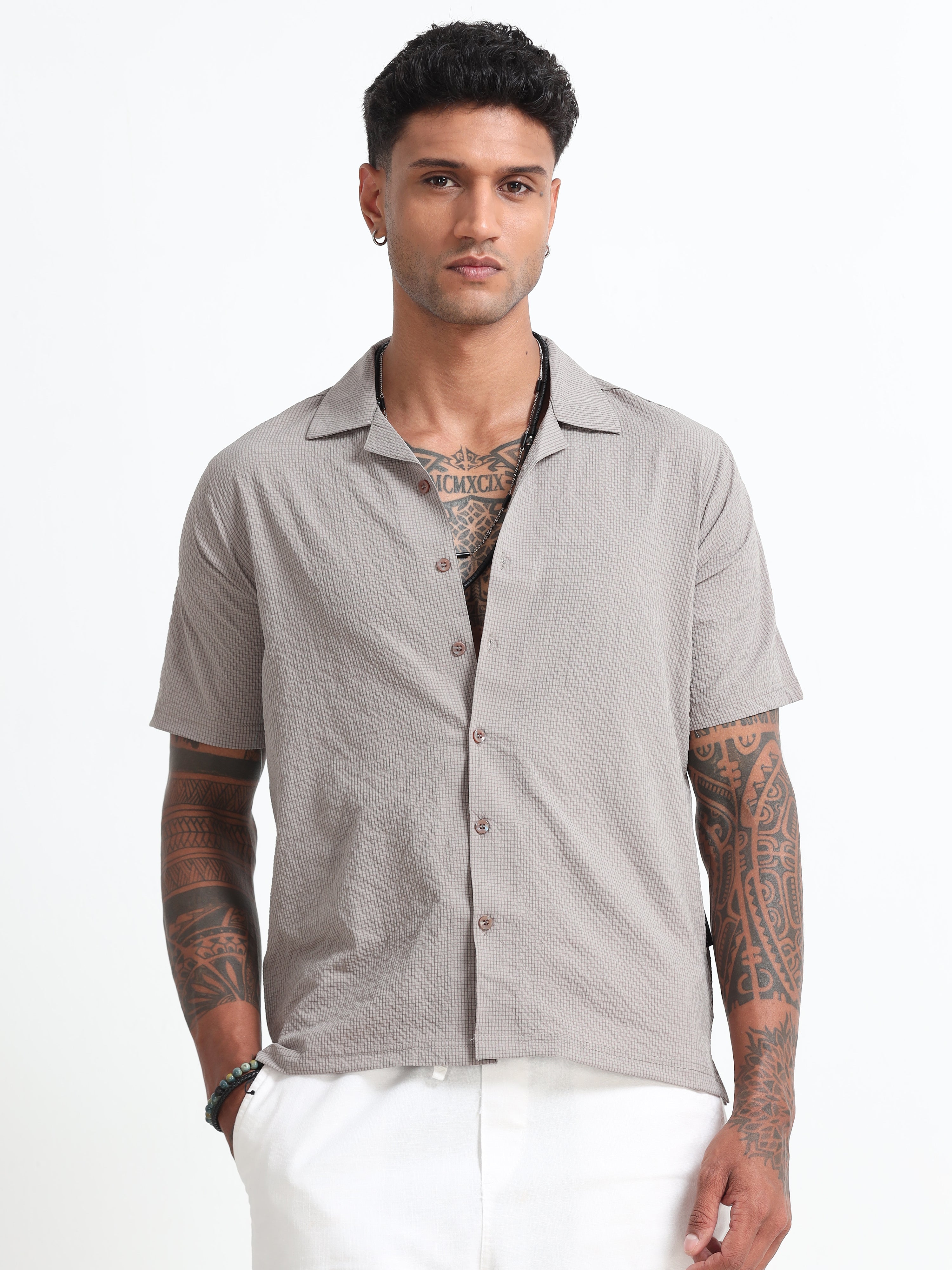 Beige Cotton Blend  Half Sleeves Regular Shirt