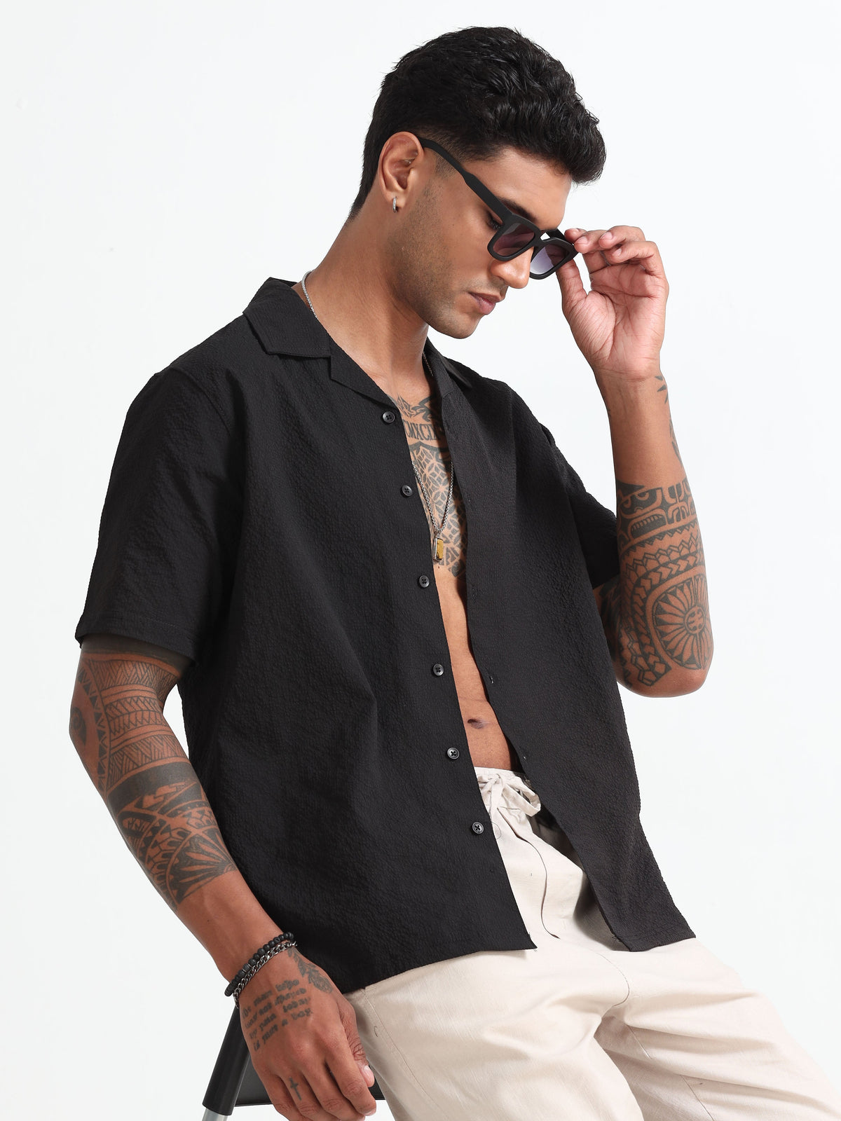 Black Cotton Blend  Half Sleeves Regular Shirt