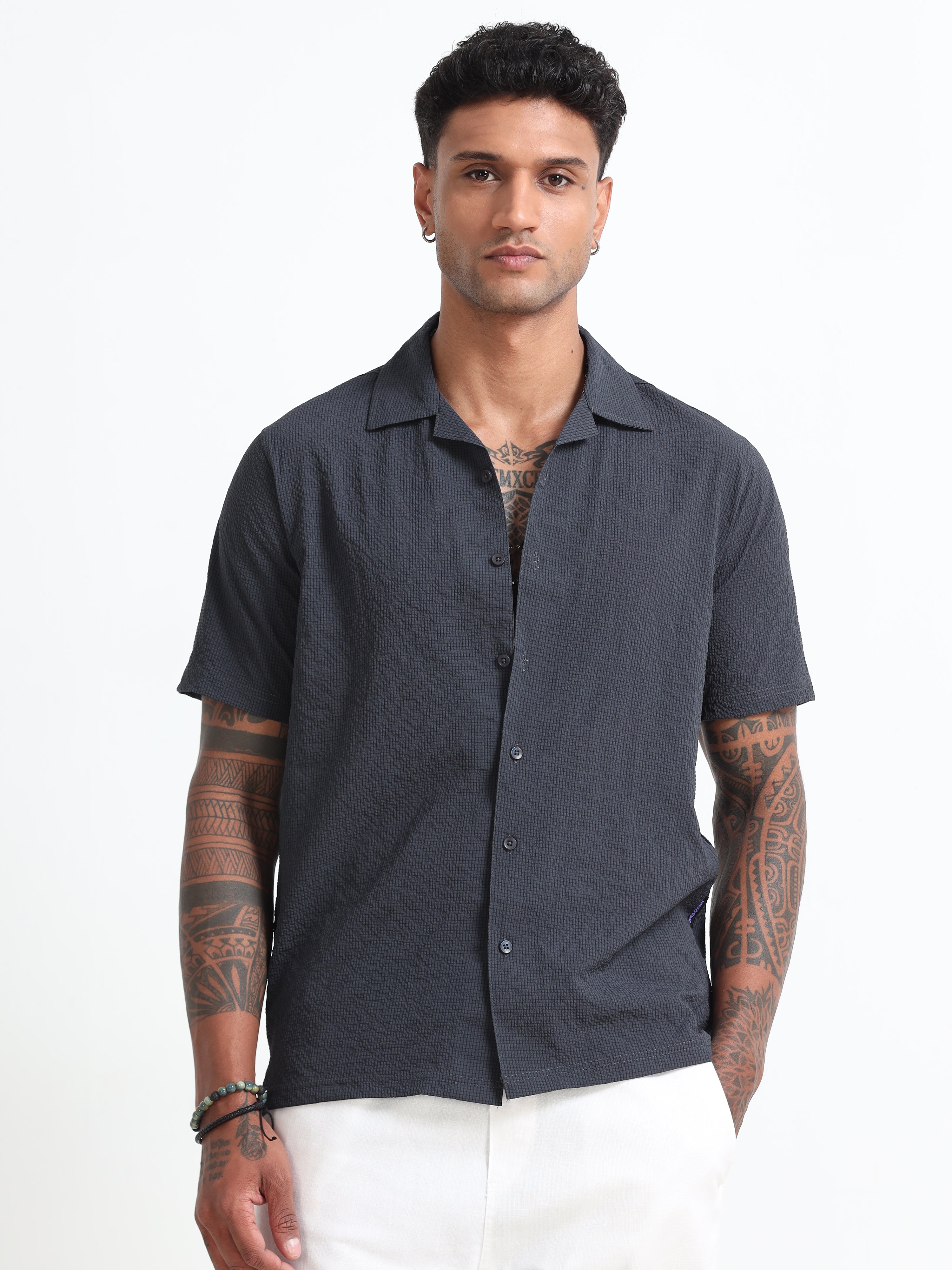 Dark-Grey Cotton Blend  Half Sleeves Regular Shirt