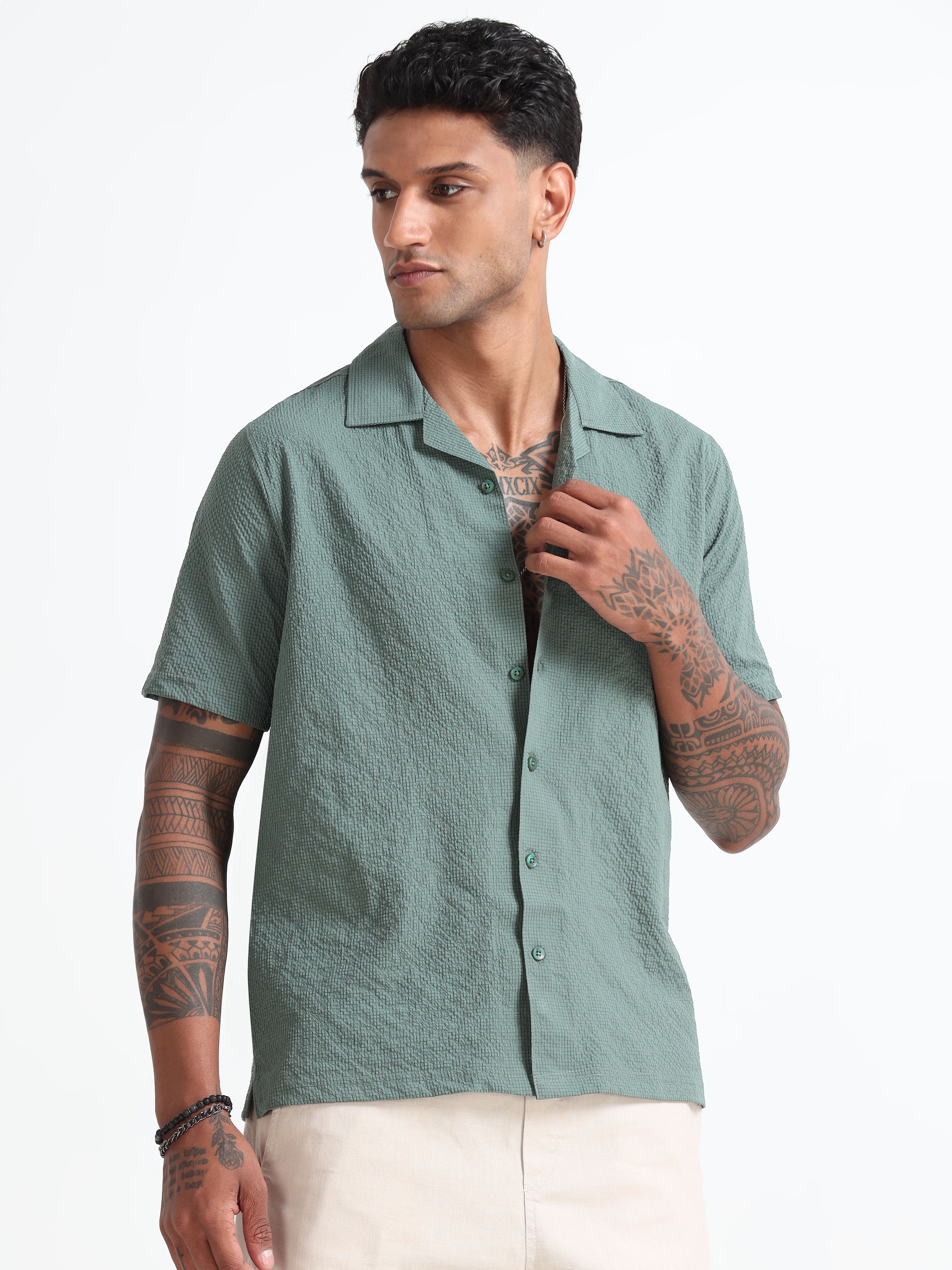 Green Cotton Blend  Half Sleeves Regular Shirt