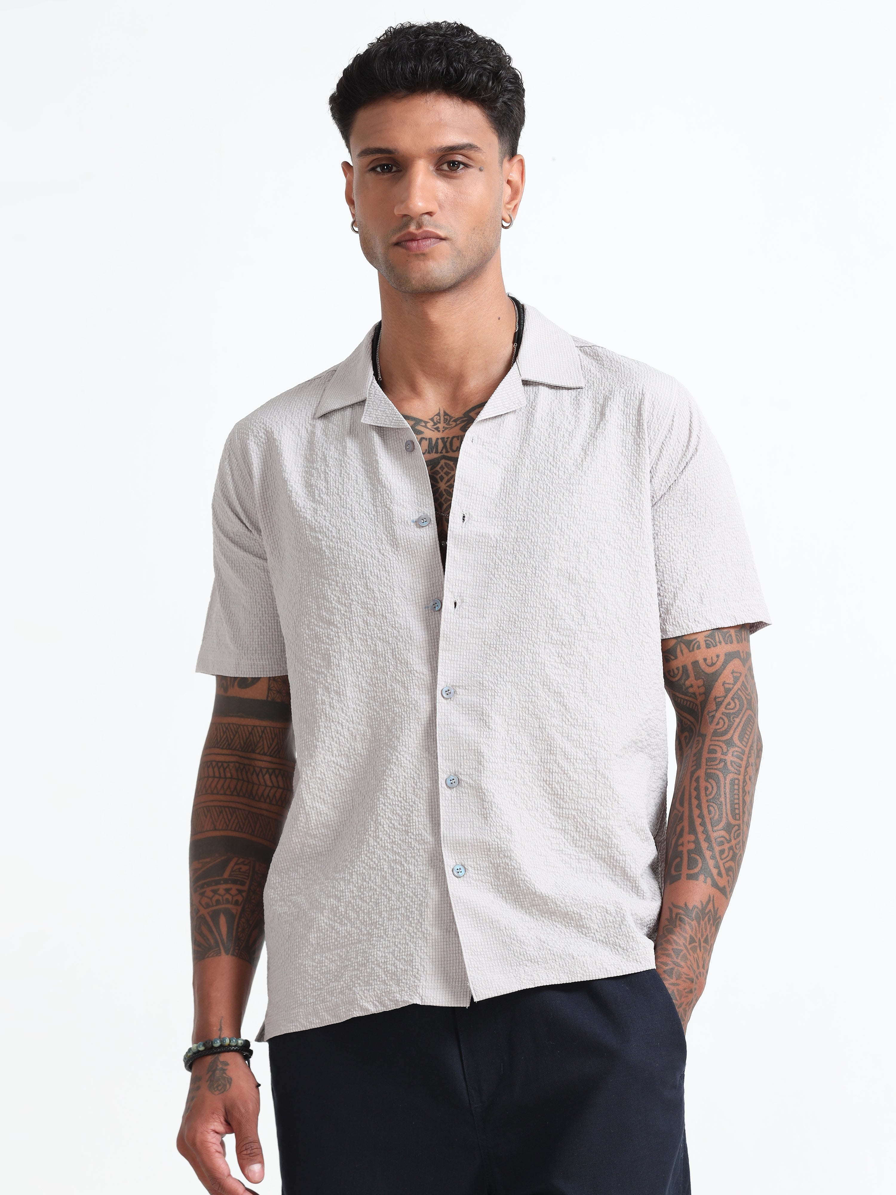 Grey Cotton Blend  Half Sleeves Regular Shirt