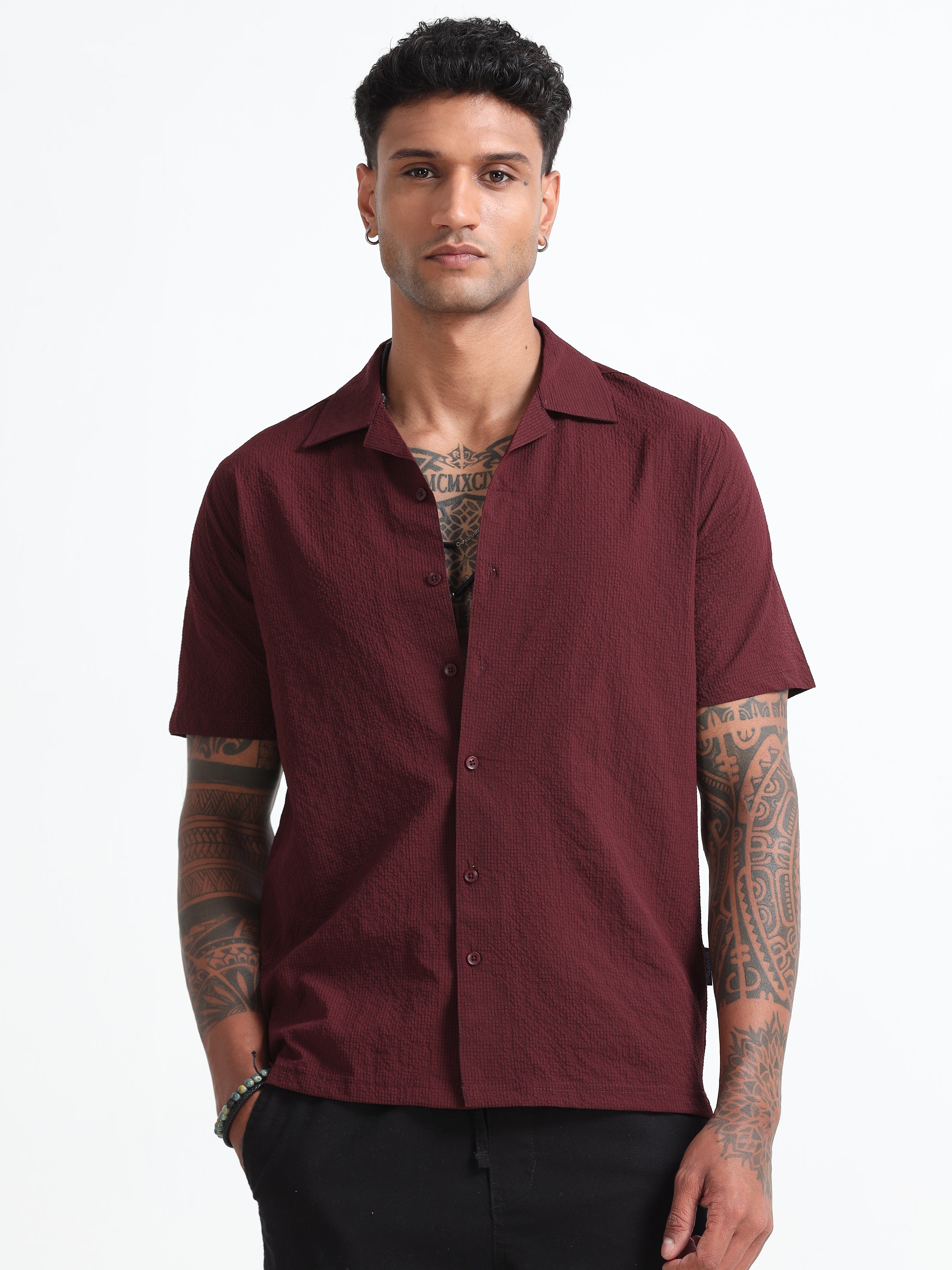 Maroon Cotton Blend  Half Sleeves Regular Shirt