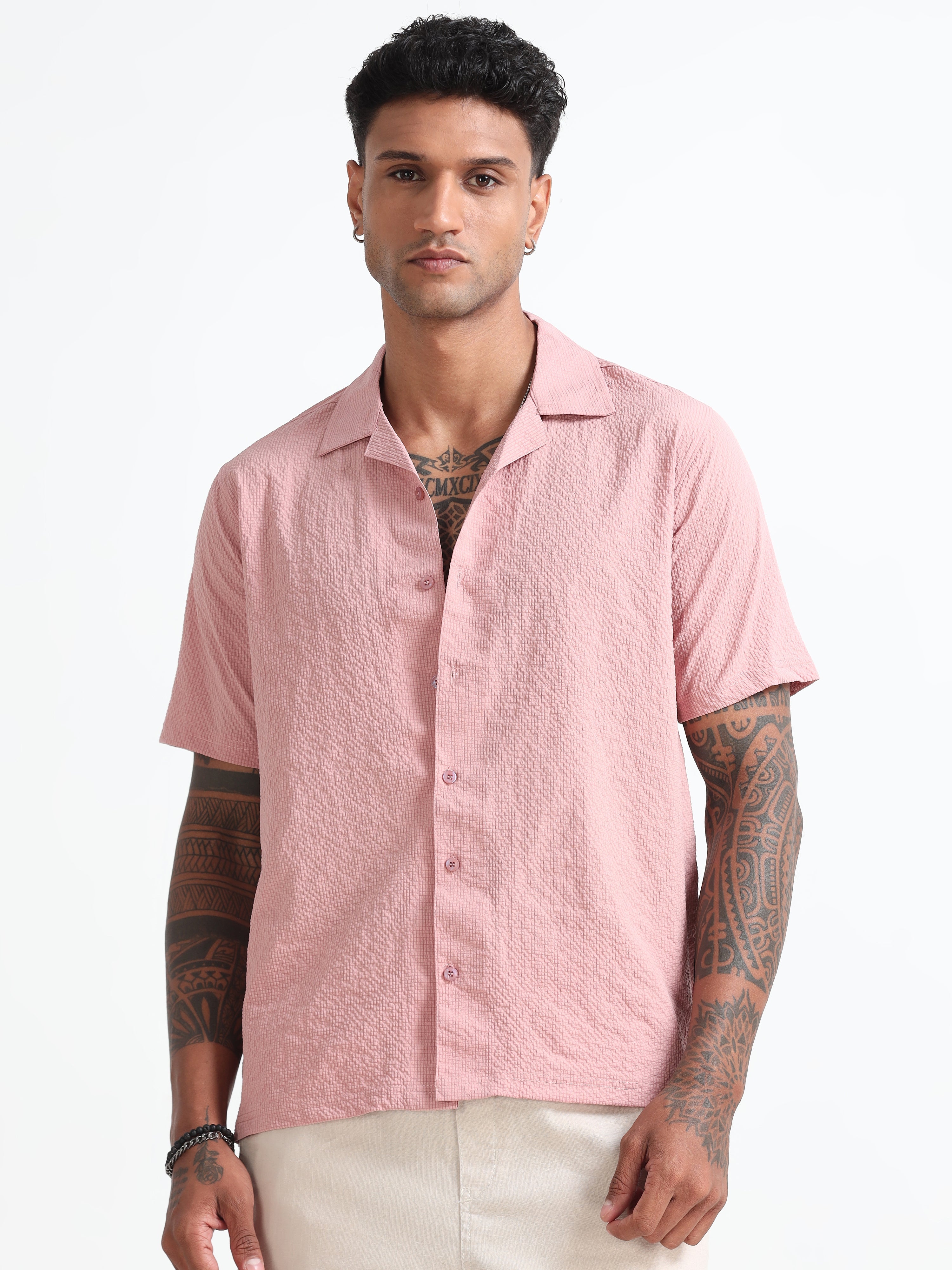 Chemise standard à manches mi-longues en coton mélangé rose