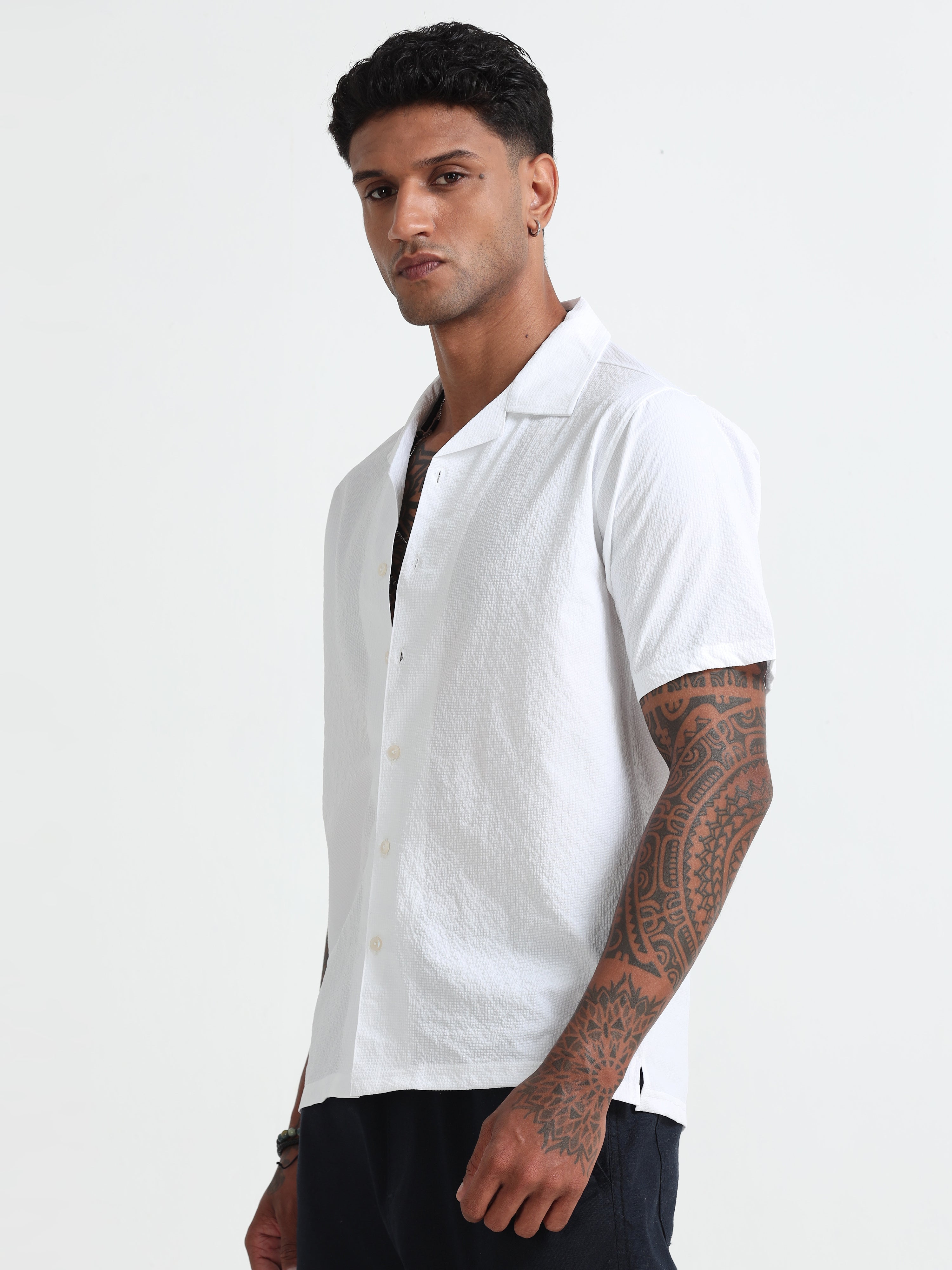 White Cotton Blend  Half Sleeves Regular Shirt