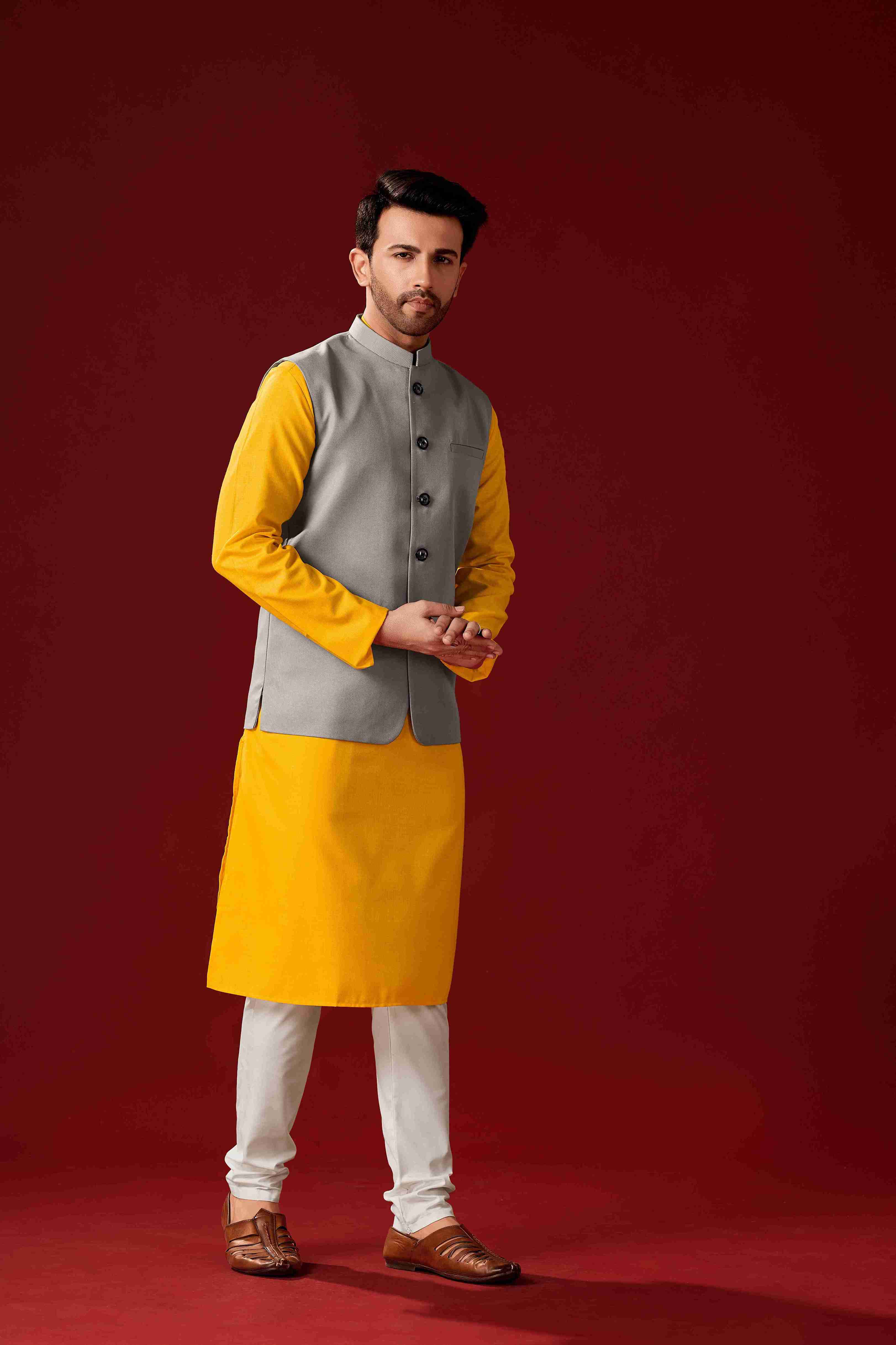 Men's Mustard Cotton Kurta Pajama Set With jacket